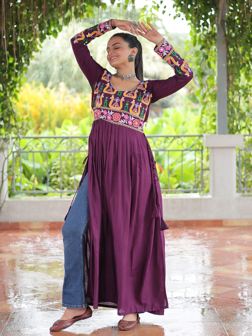 Wine Pure Rayon Kutchi Gamthi Work Nayra Cut Kurti