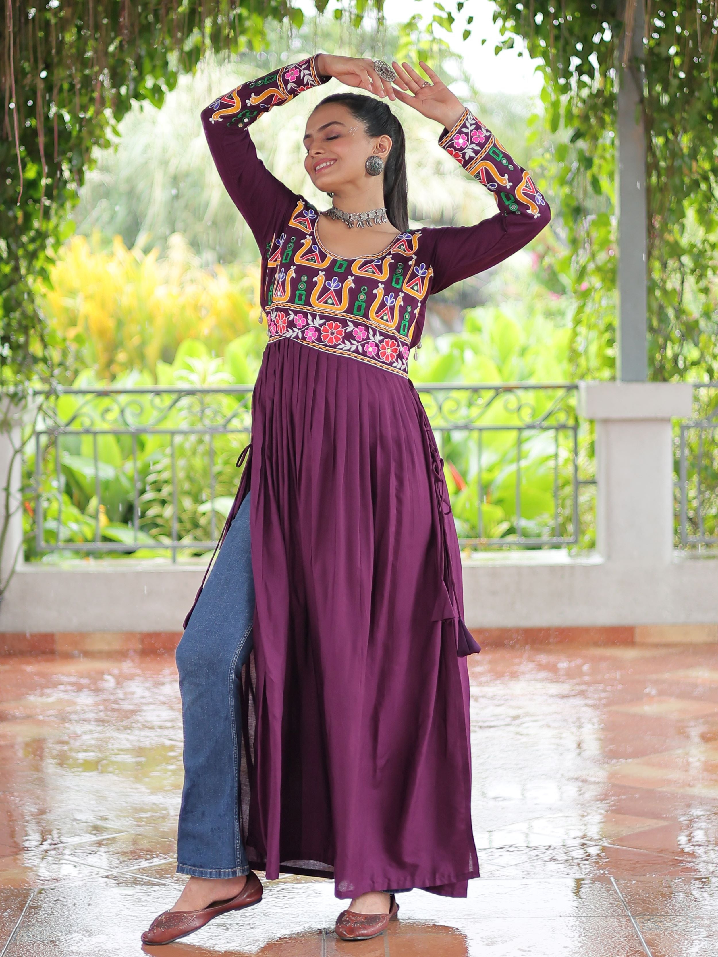 Wine Pure Rayon Kutchi Gamthi Work Nayra Cut Kurti