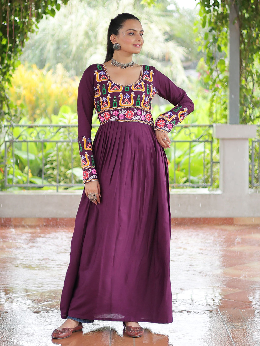 Wine Pure Rayon Kutchi Gamthi Work Nayra Cut Kurti