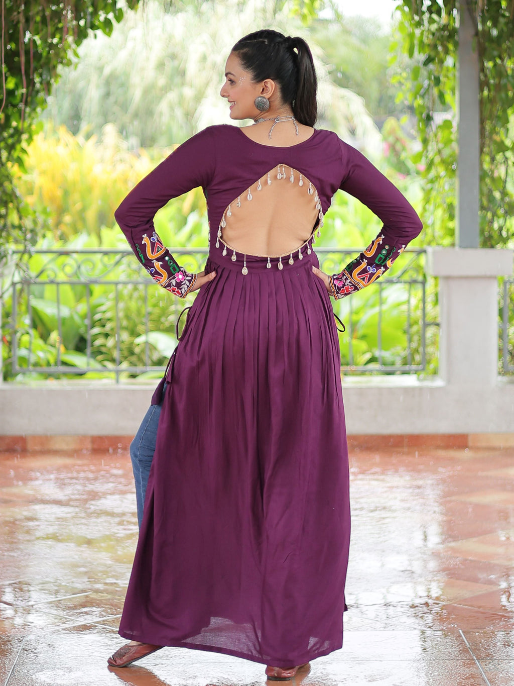 Wine Pure Rayon Kutchi Gamthi Work Nayra Cut Kurti