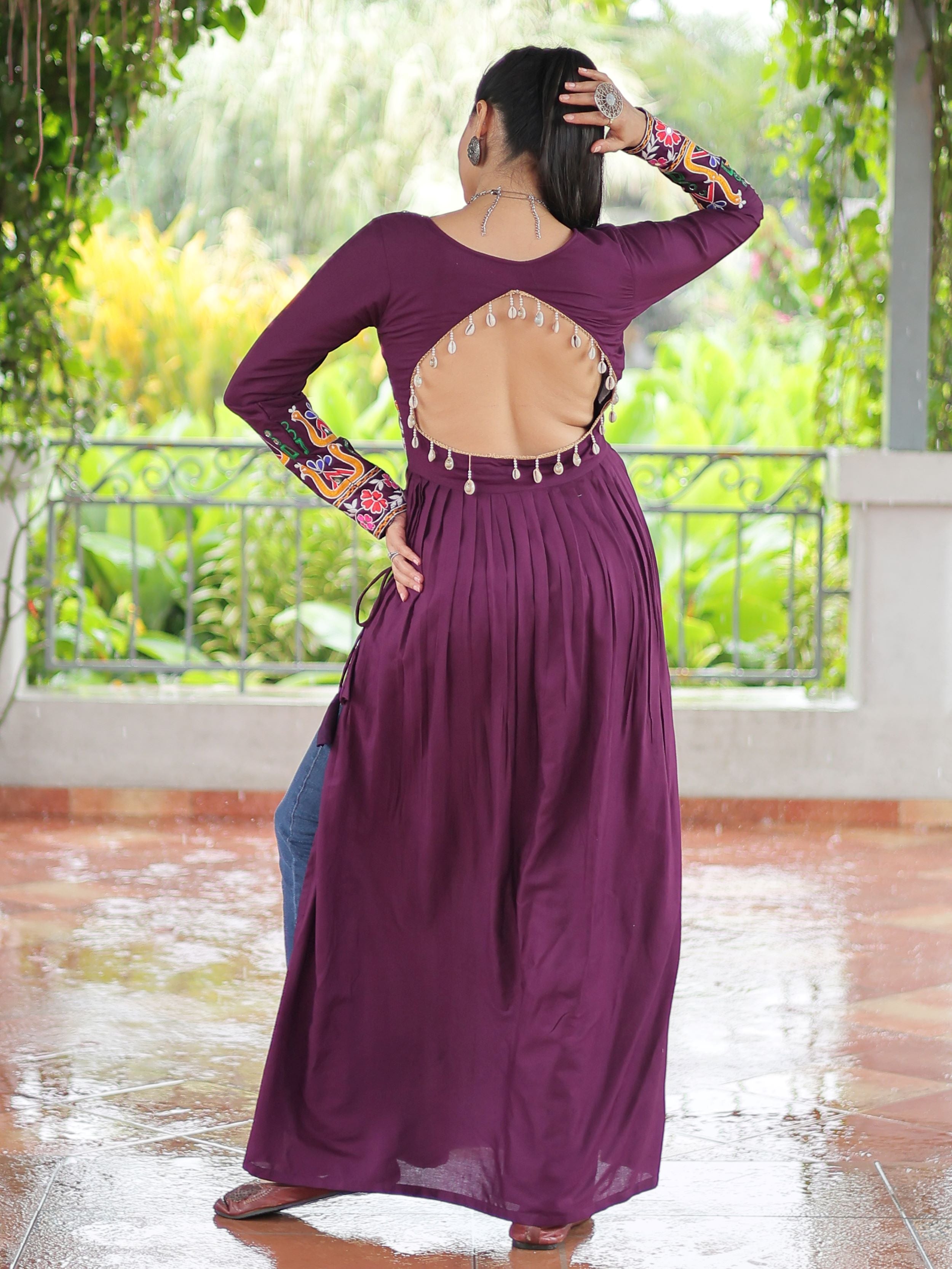 Wine Pure Rayon Kutchi Gamthi Work Nayra Cut Kurti