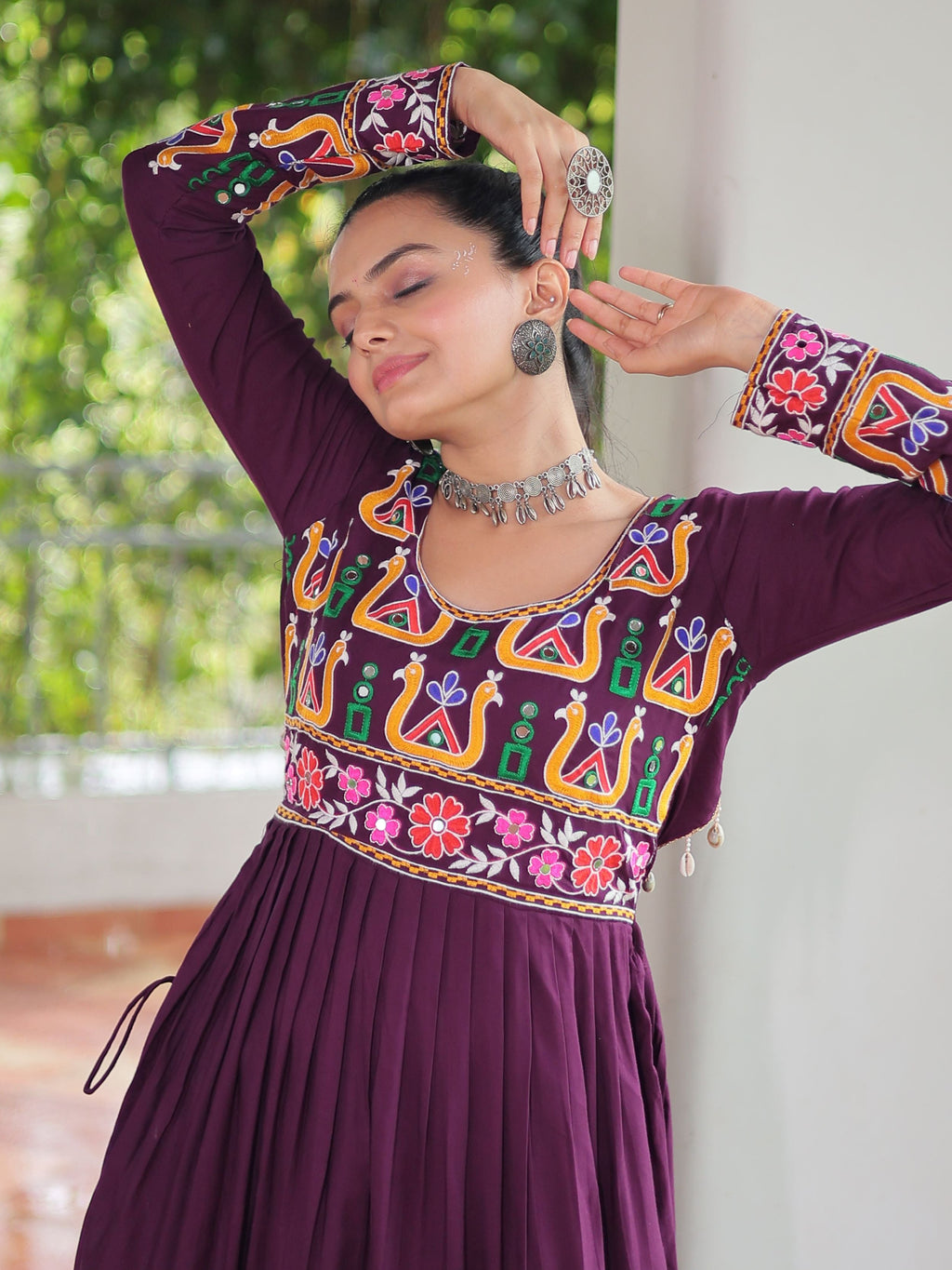 Wine Pure Rayon Kutchi Gamthi Work Nayra Cut Kurti