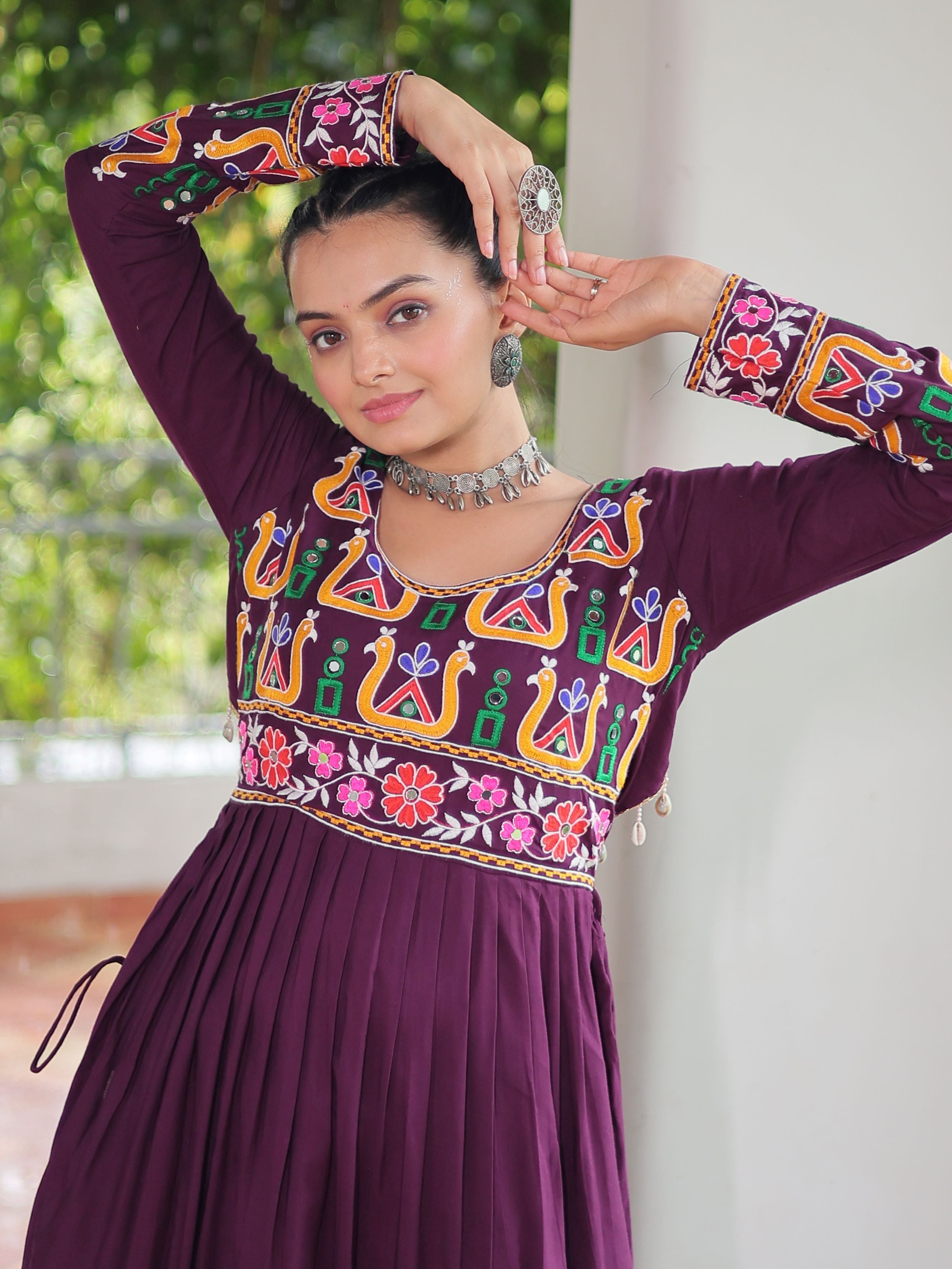 Wine Pure Rayon Kutchi Gamthi Work Nayra Cut Kurti