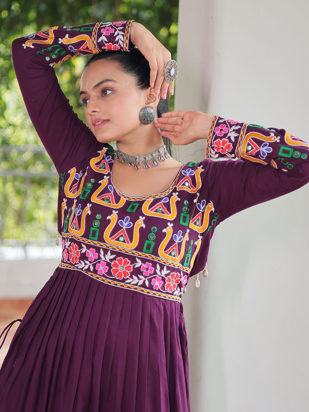 Wine Pure Rayon Kutchi Gamthi Work Nayra Cut Kurti