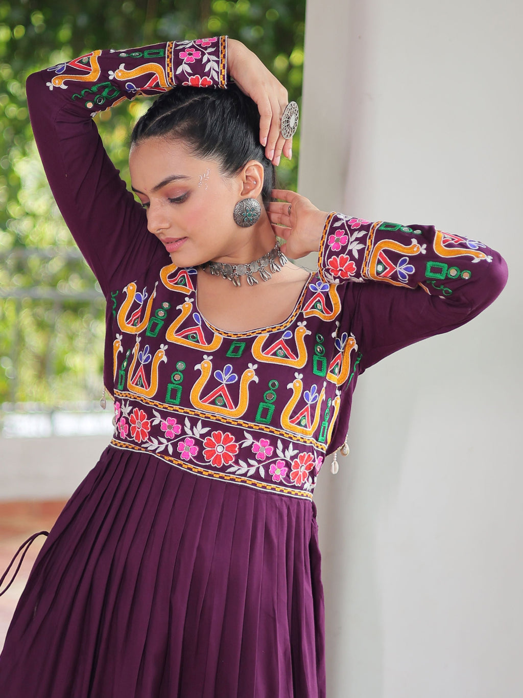 Wine Pure Rayon Kutchi Gamthi Work Nayra Cut Kurti