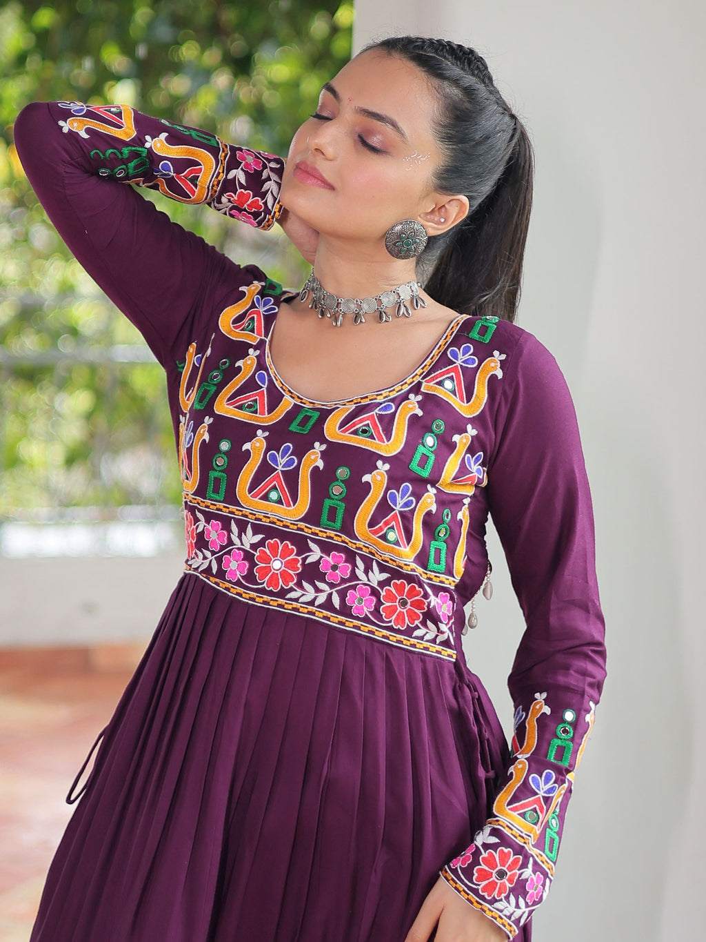 Wine Pure Rayon Kutchi Gamthi Work Nayra Cut Kurti