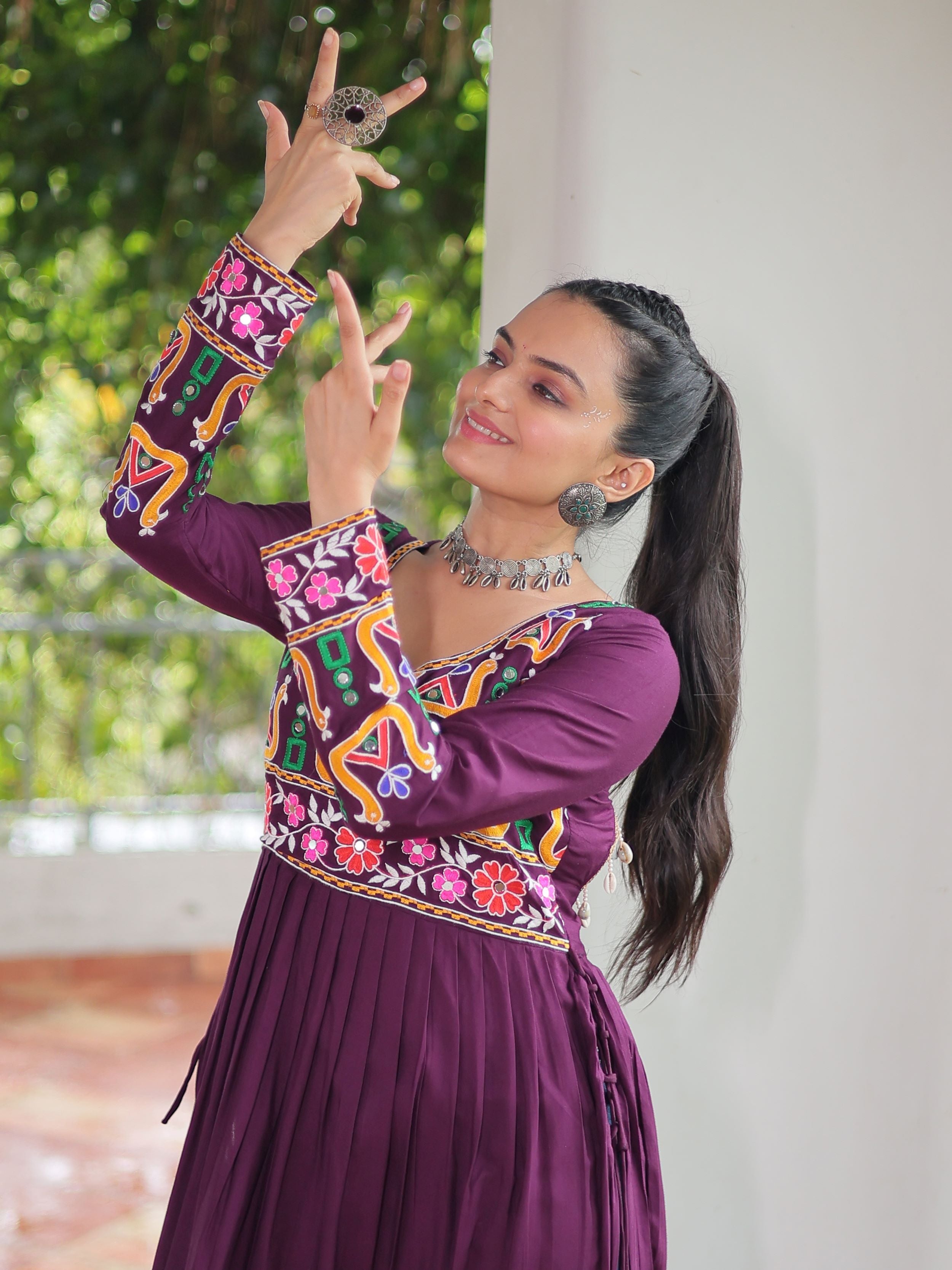 Wine Pure Rayon Kutchi Gamthi Work Nayra Cut Kurti