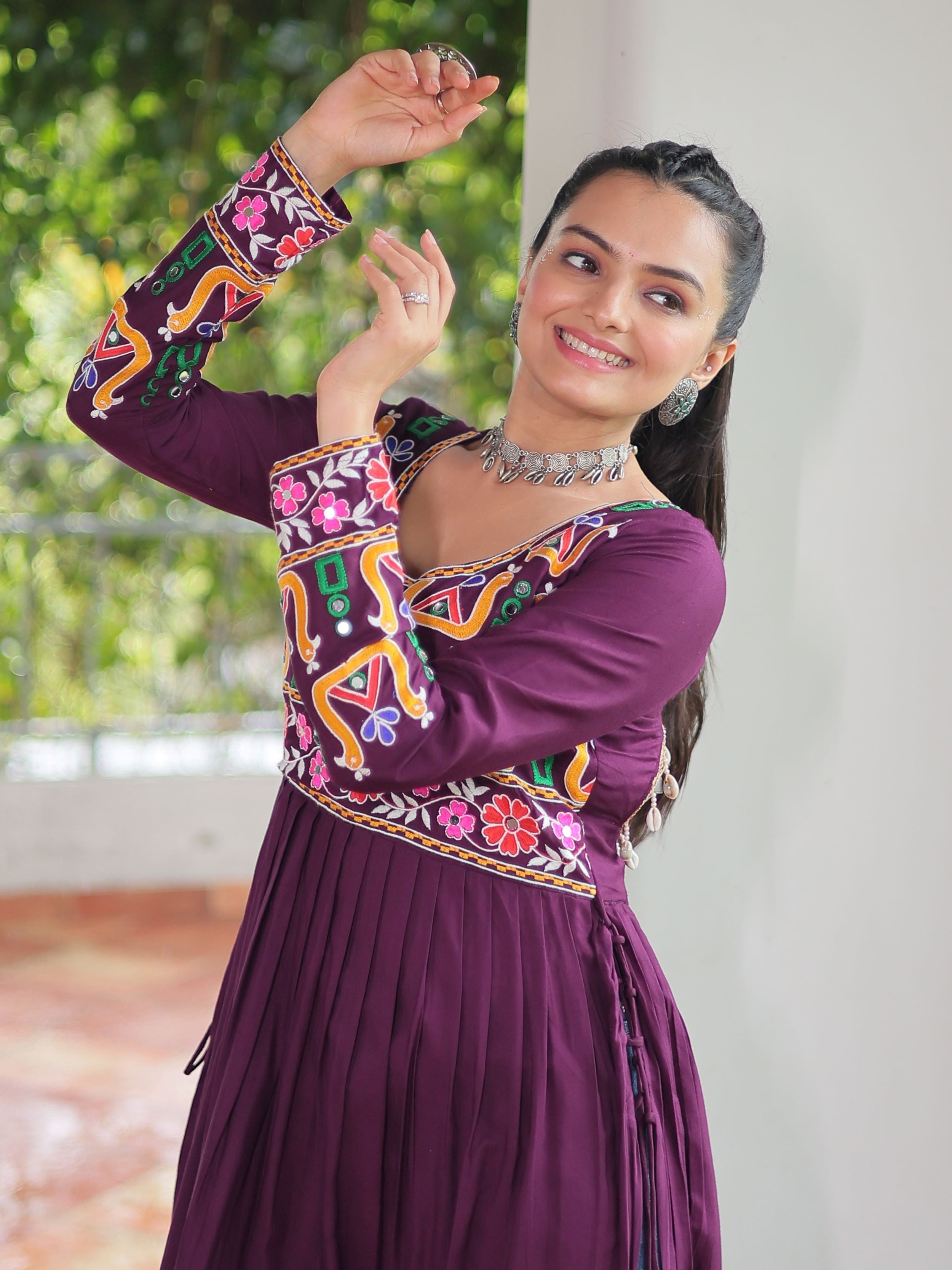 Wine Pure Rayon Kutchi Gamthi Work Nayra Cut Kurti