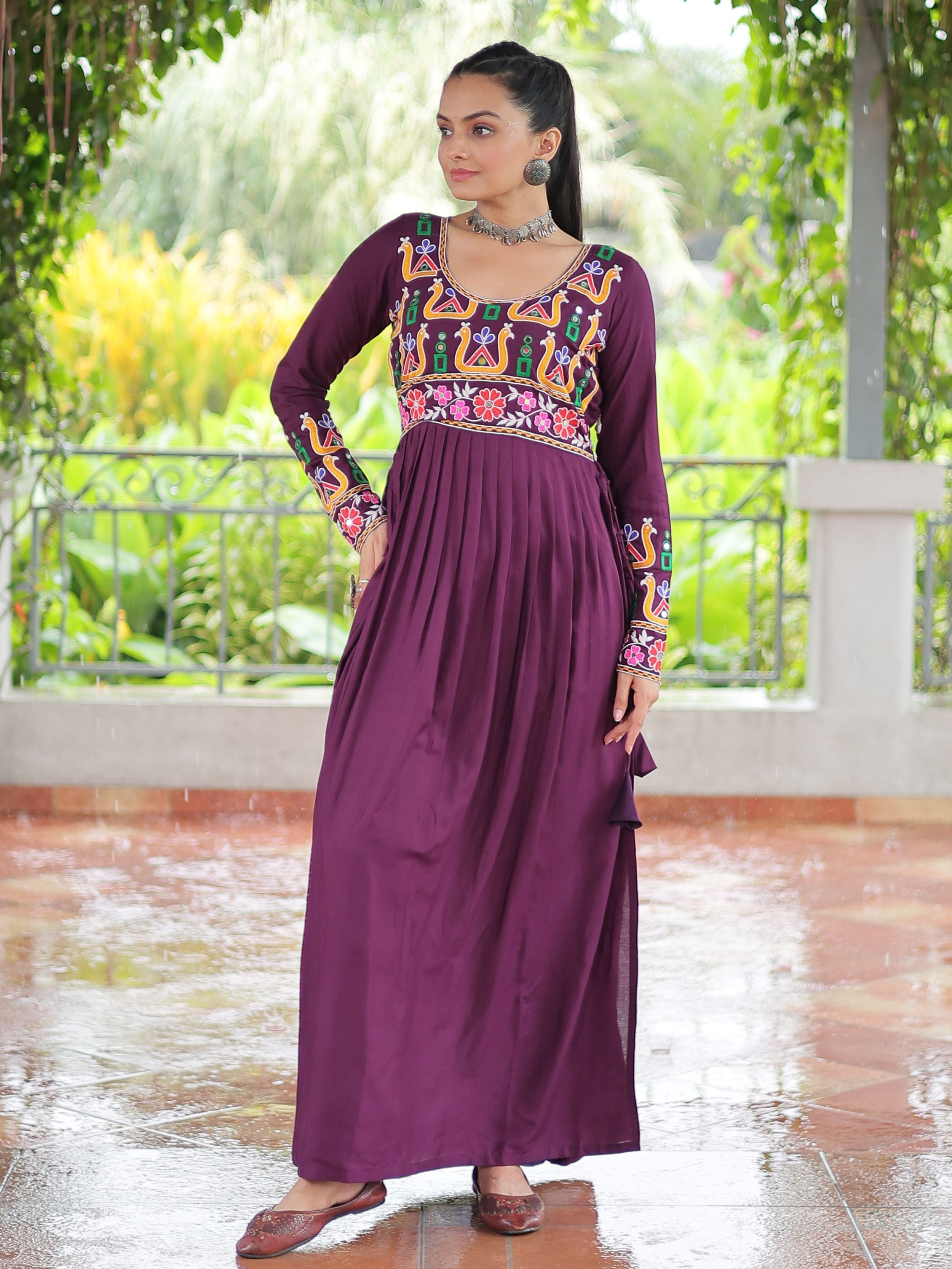 Wine Pure Rayon Kutchi Gamthi Work Nayra Cut Kurti