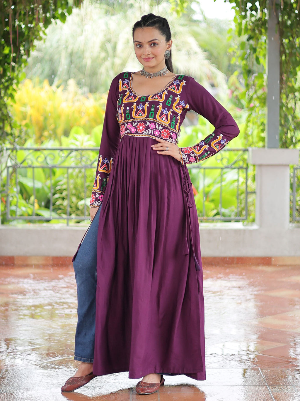 Wine Pure Rayon Kutchi Gamthi Work Nayra Cut Kurti
