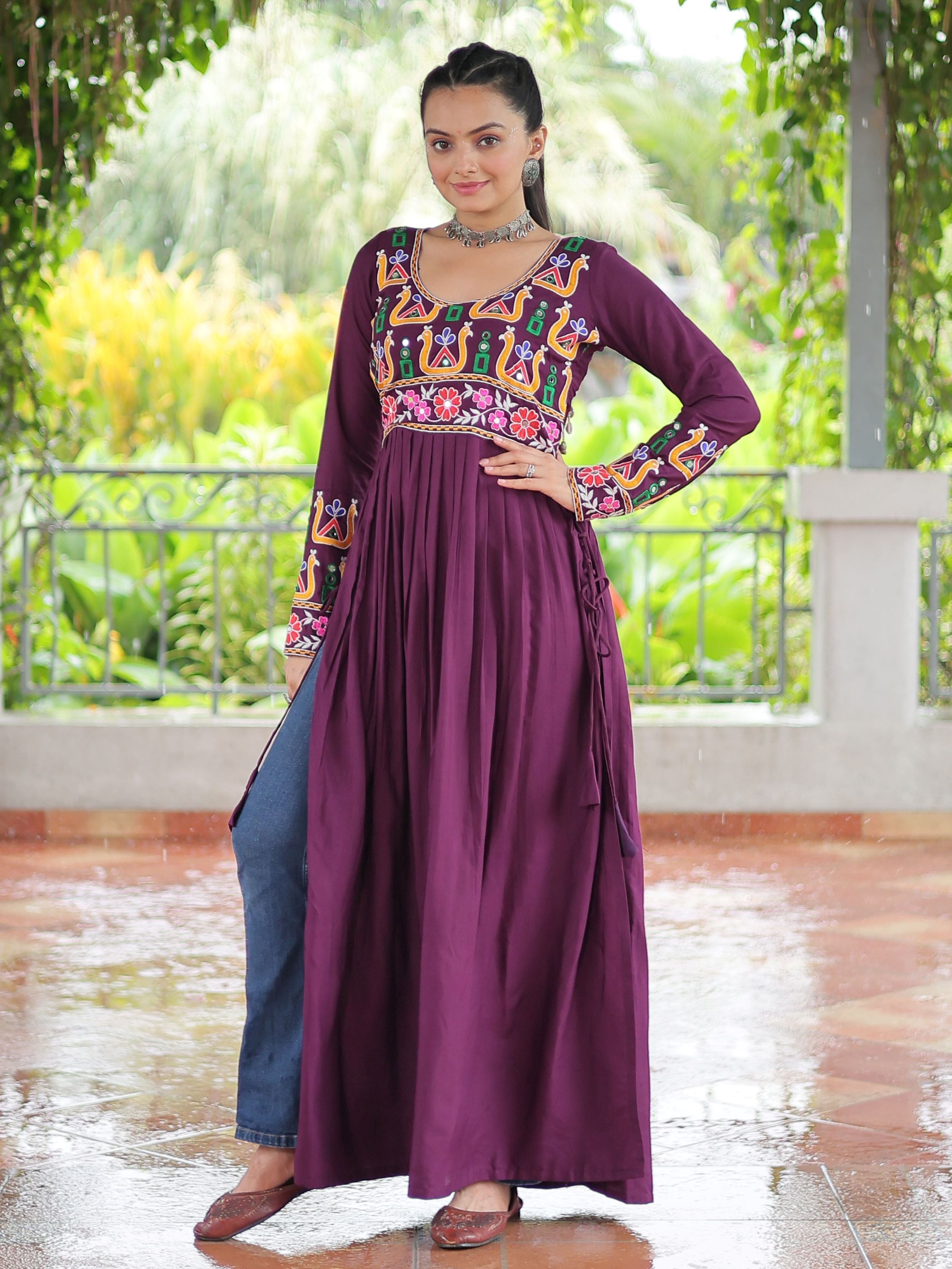 Wine Pure Rayon Kutchi Gamthi Work Nayra Cut Kurti