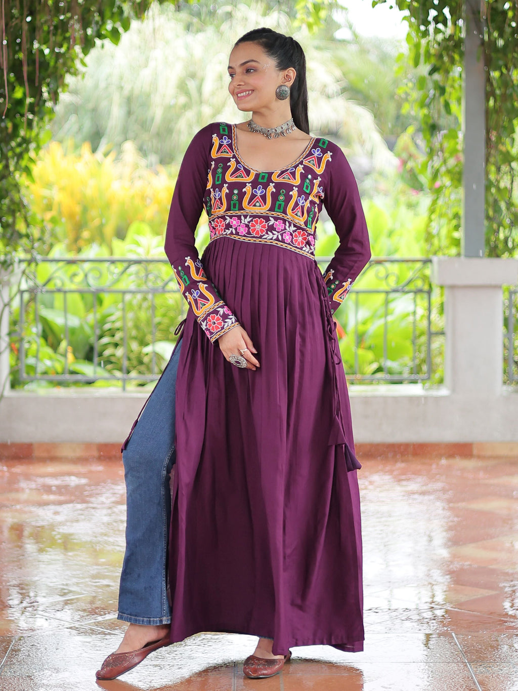 Wine Pure Rayon Kutchi Gamthi Work Nayra Cut Kurti