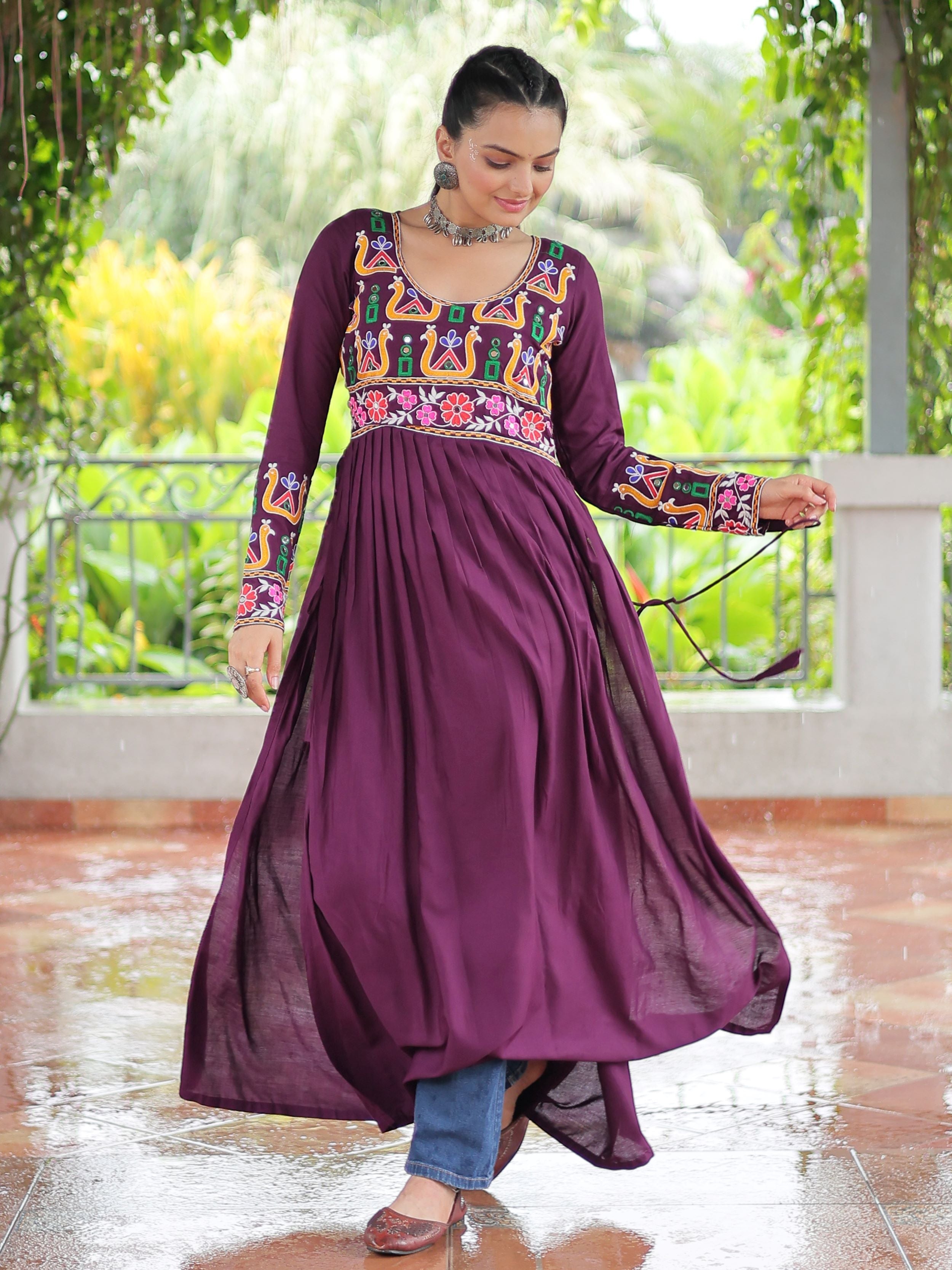 Wine Pure Rayon Kutchi Gamthi Work Nayra Cut Kurti