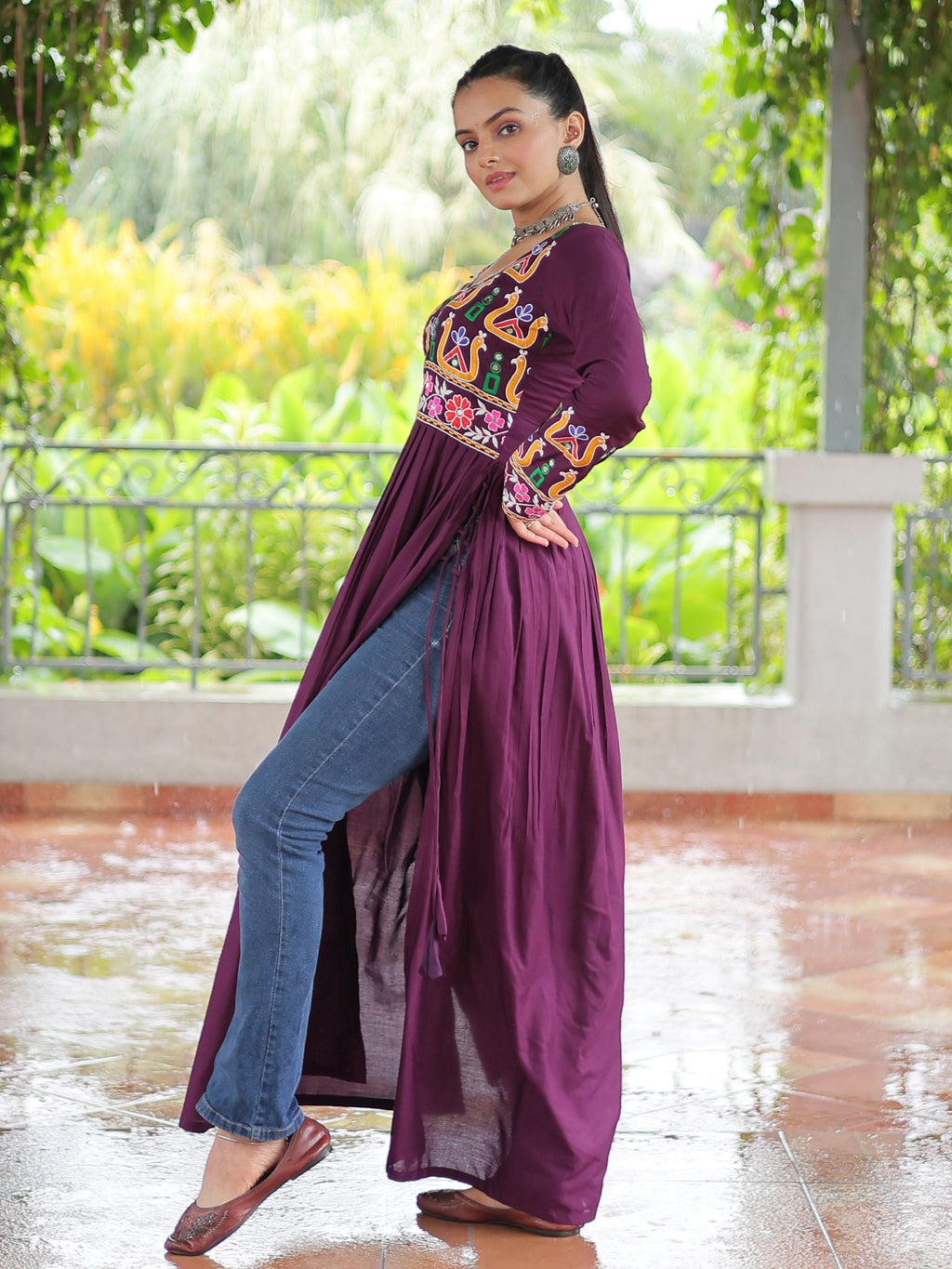 Wine Pure Rayon Kutchi Gamthi Work Nayra Cut Kurti