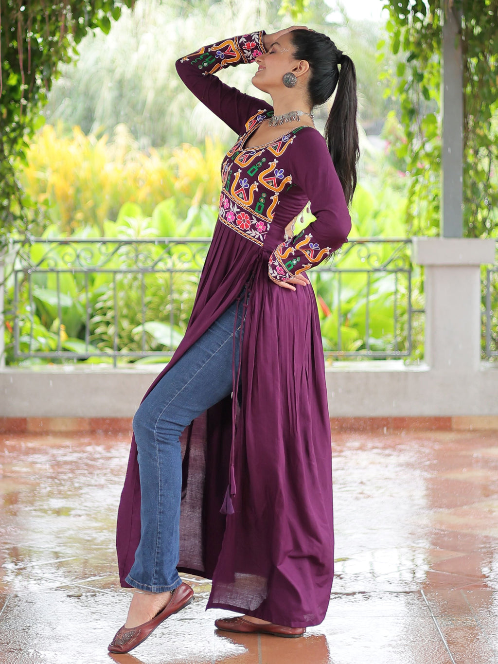 Wine Pure Rayon Kutchi Gamthi Work Nayra Cut Kurti