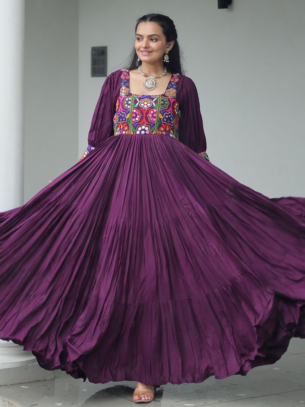 Wine Rayon Kutchi Gamthi Work Flair Navratri Wear Gown