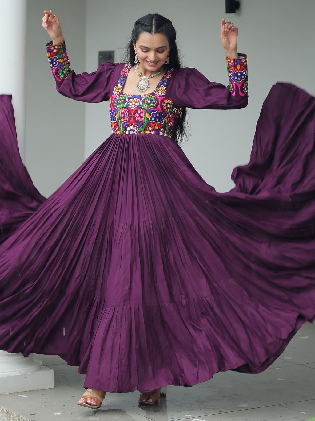 Wine Rayon Kutchi Gamthi Work Flair Navratri Wear Gown