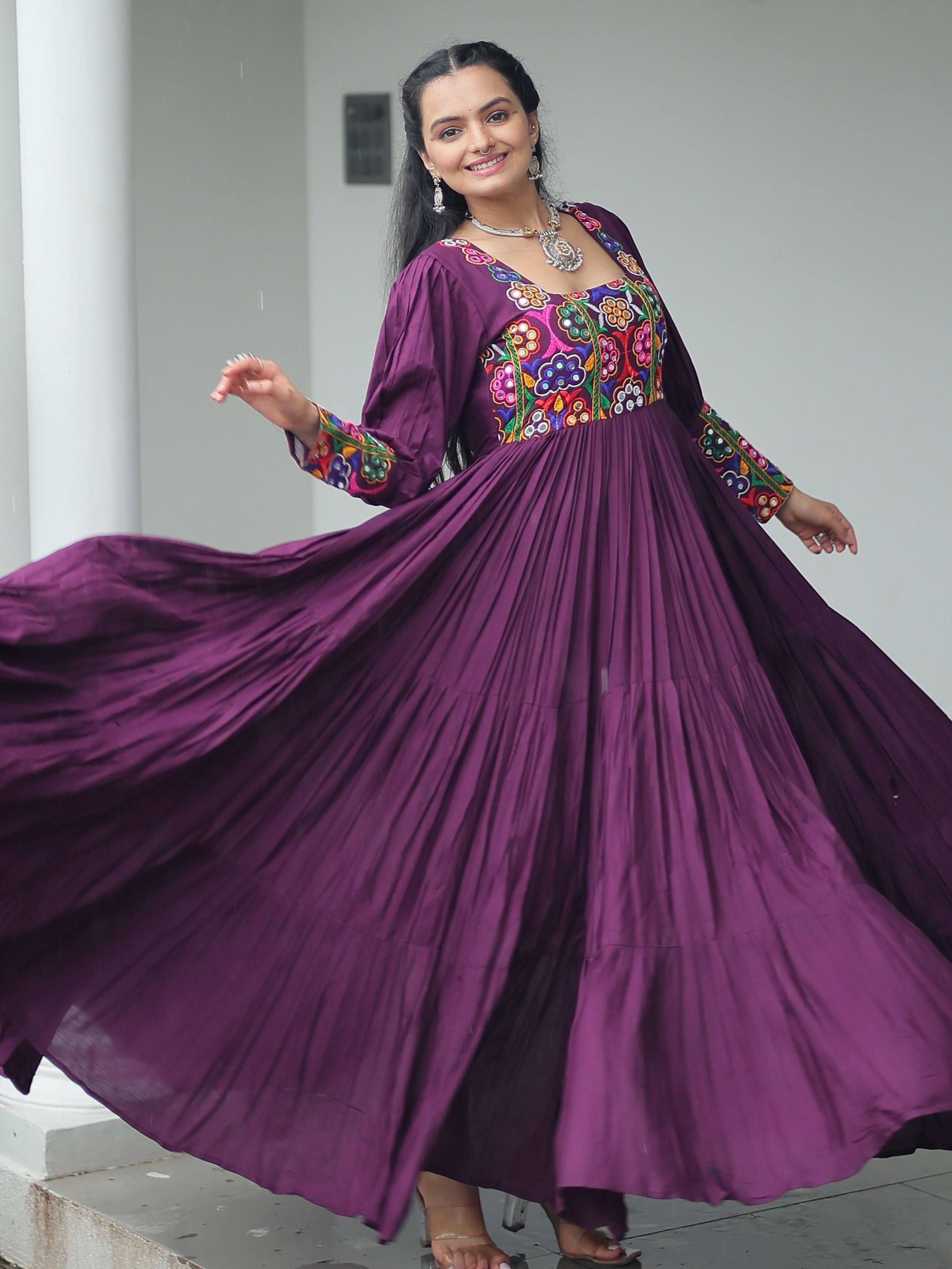 Wine Rayon Kutchi Gamthi Work Flair Navratri Wear Gown