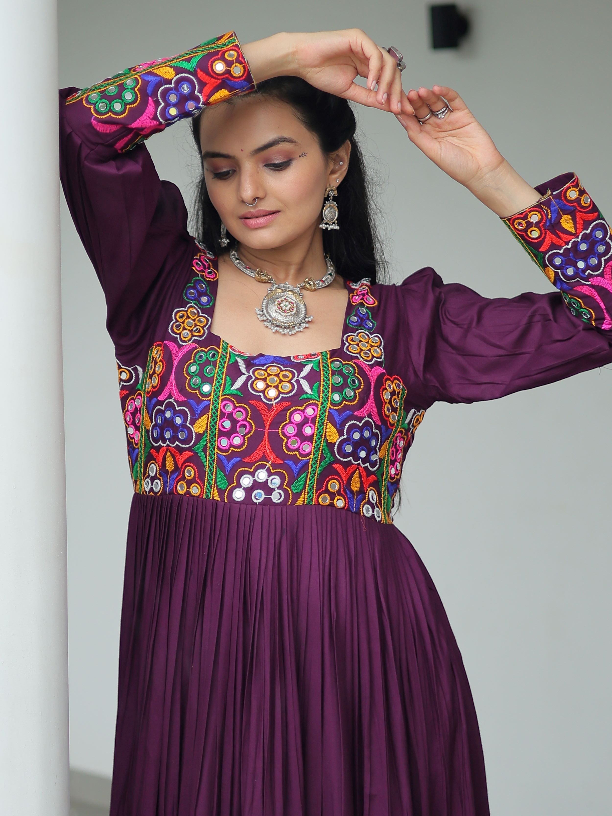 Wine Rayon Kutchi Gamthi Work Flair Navratri Wear Gown