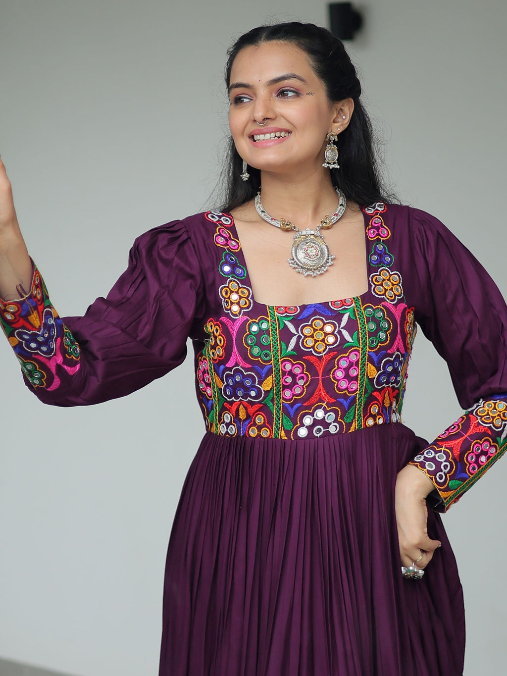 Wine Rayon Kutchi Gamthi Work Flair Navratri Wear Gown