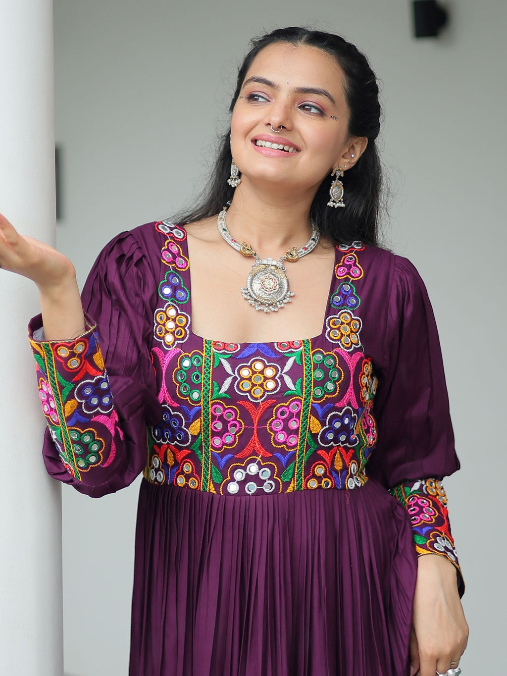 Wine Rayon Kutchi Gamthi Work Flair Navratri Wear Gown