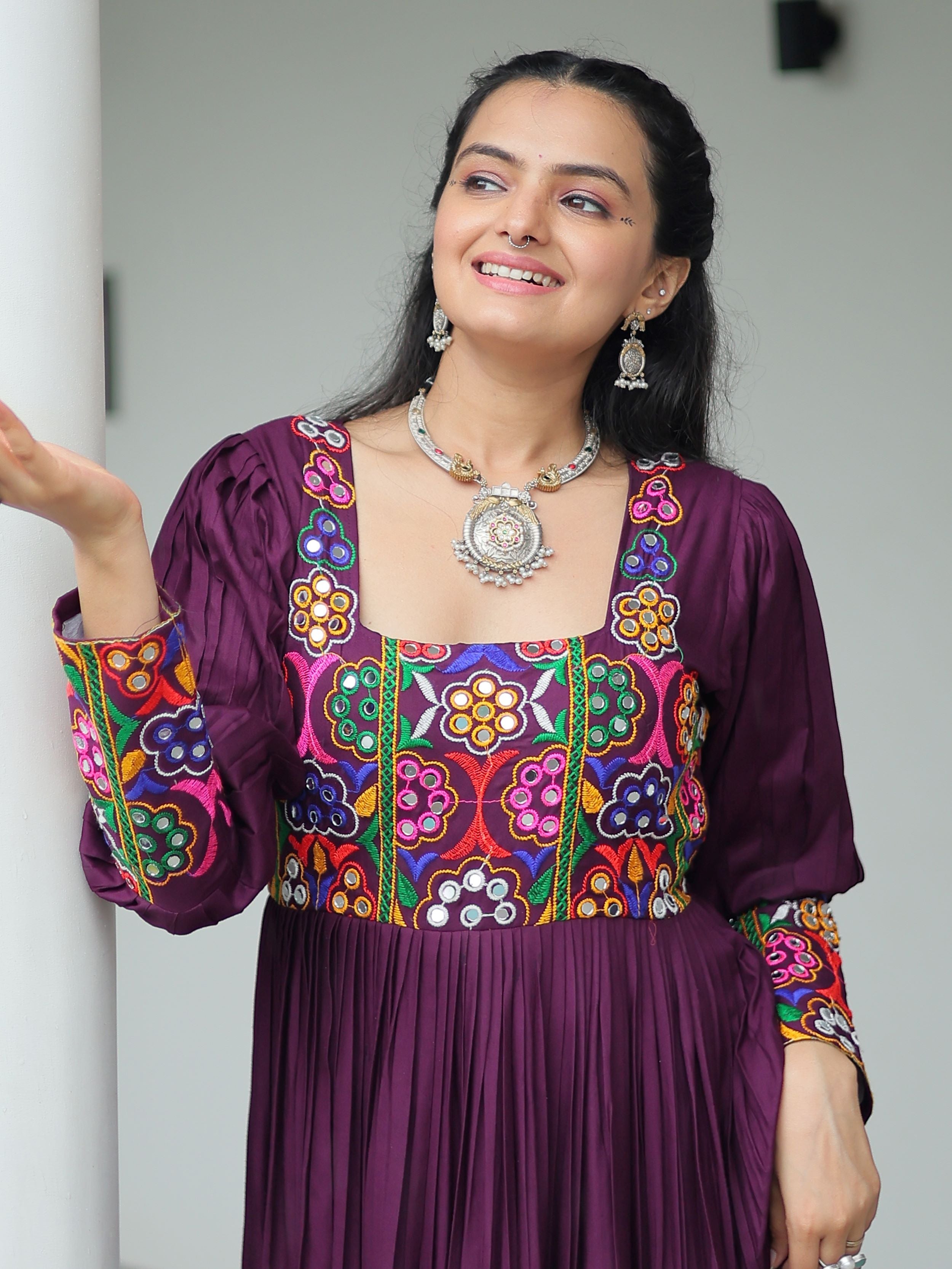 Wine Rayon Kutchi Gamthi Work Flair Navratri Wear Gown