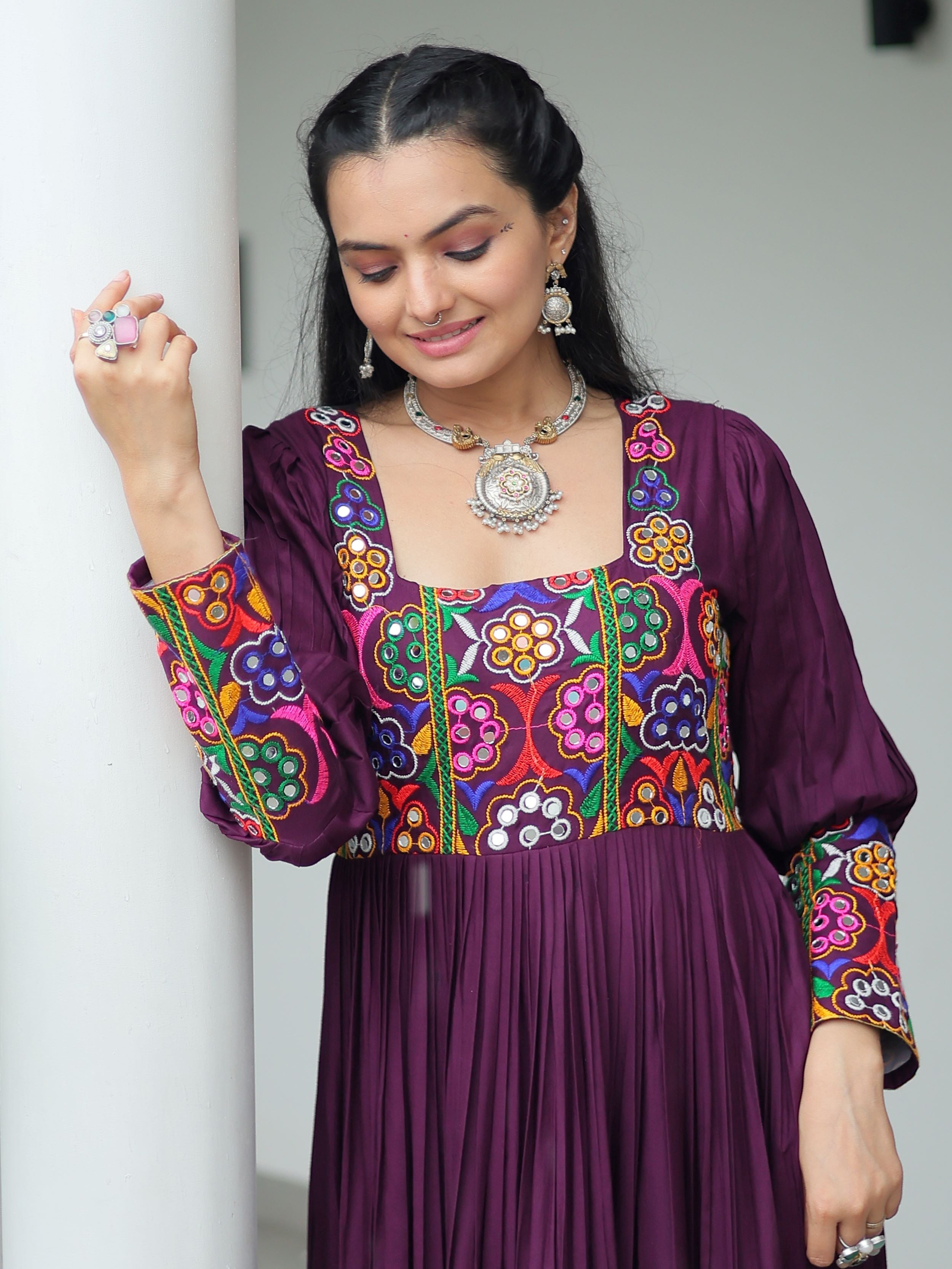 Wine Rayon Kutchi Gamthi Work Flair Navratri Wear Gown