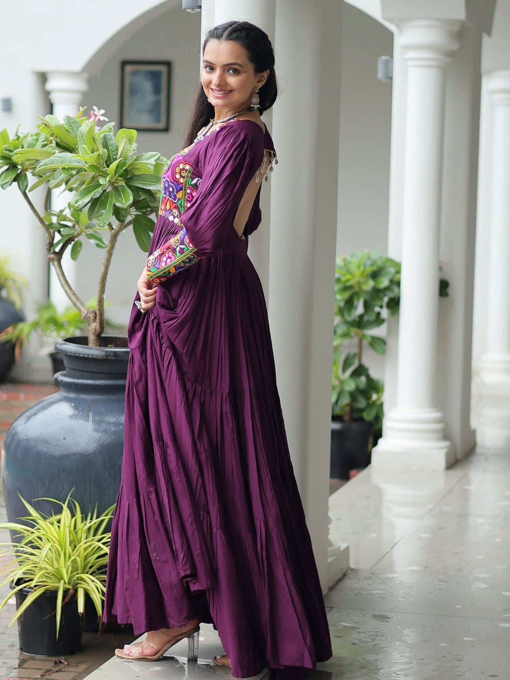 Wine Rayon Kutchi Gamthi Work Flair Navratri Wear Gown