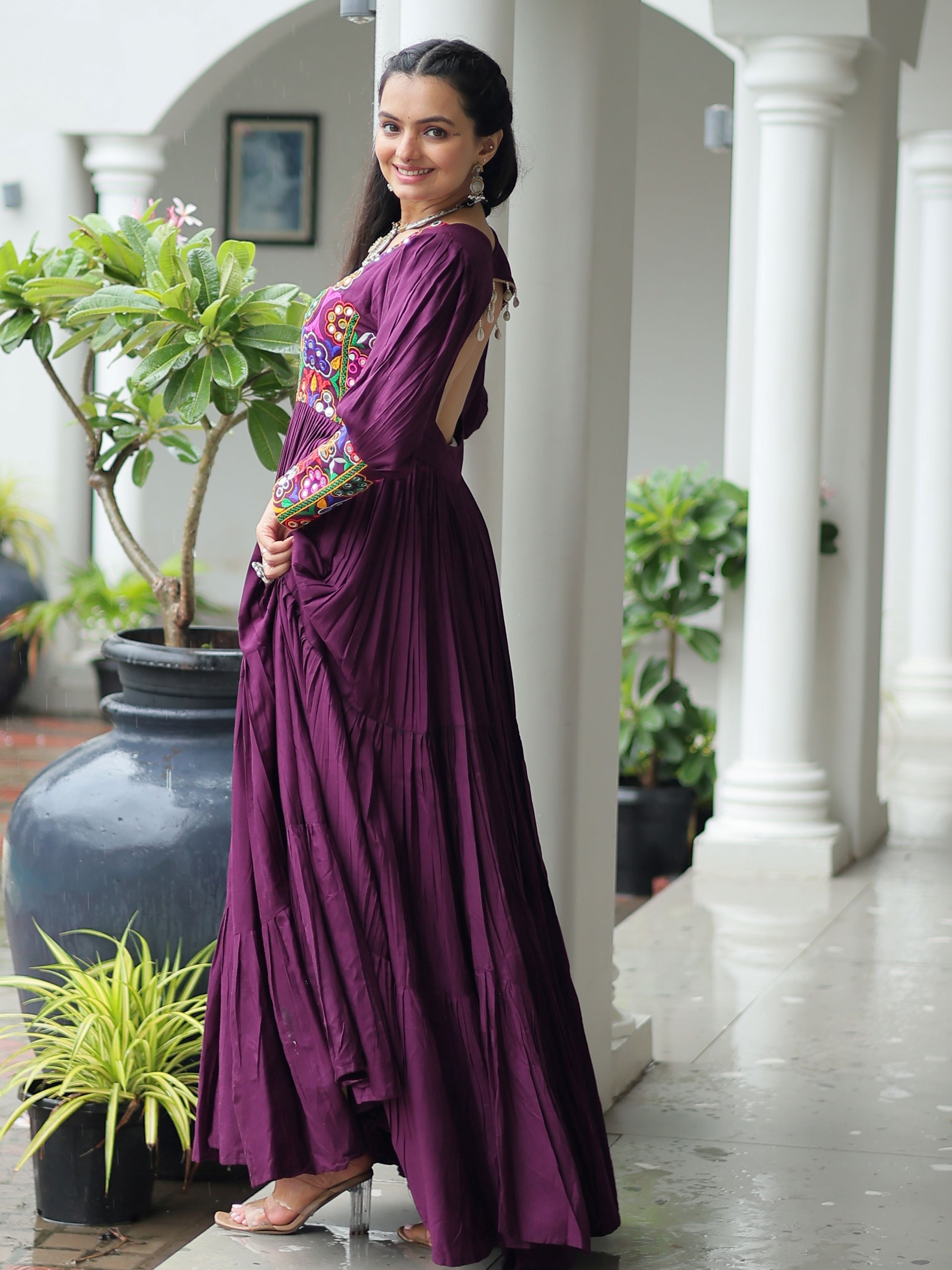 Wine Rayon Kutchi Gamthi Work Flair Navratri Wear Gown