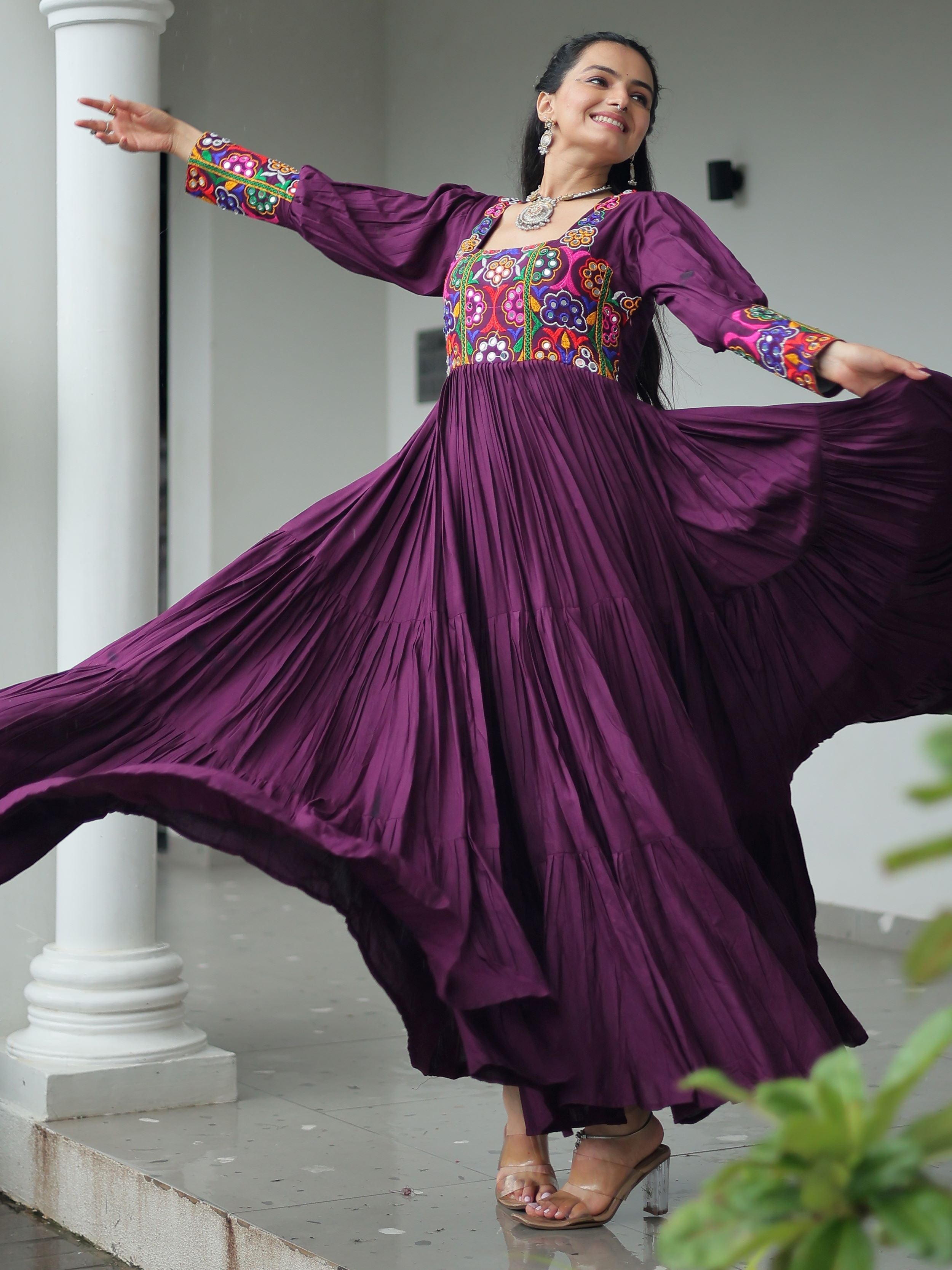 Wine Rayon Kutchi Gamthi Work Flair Navratri Wear Gown