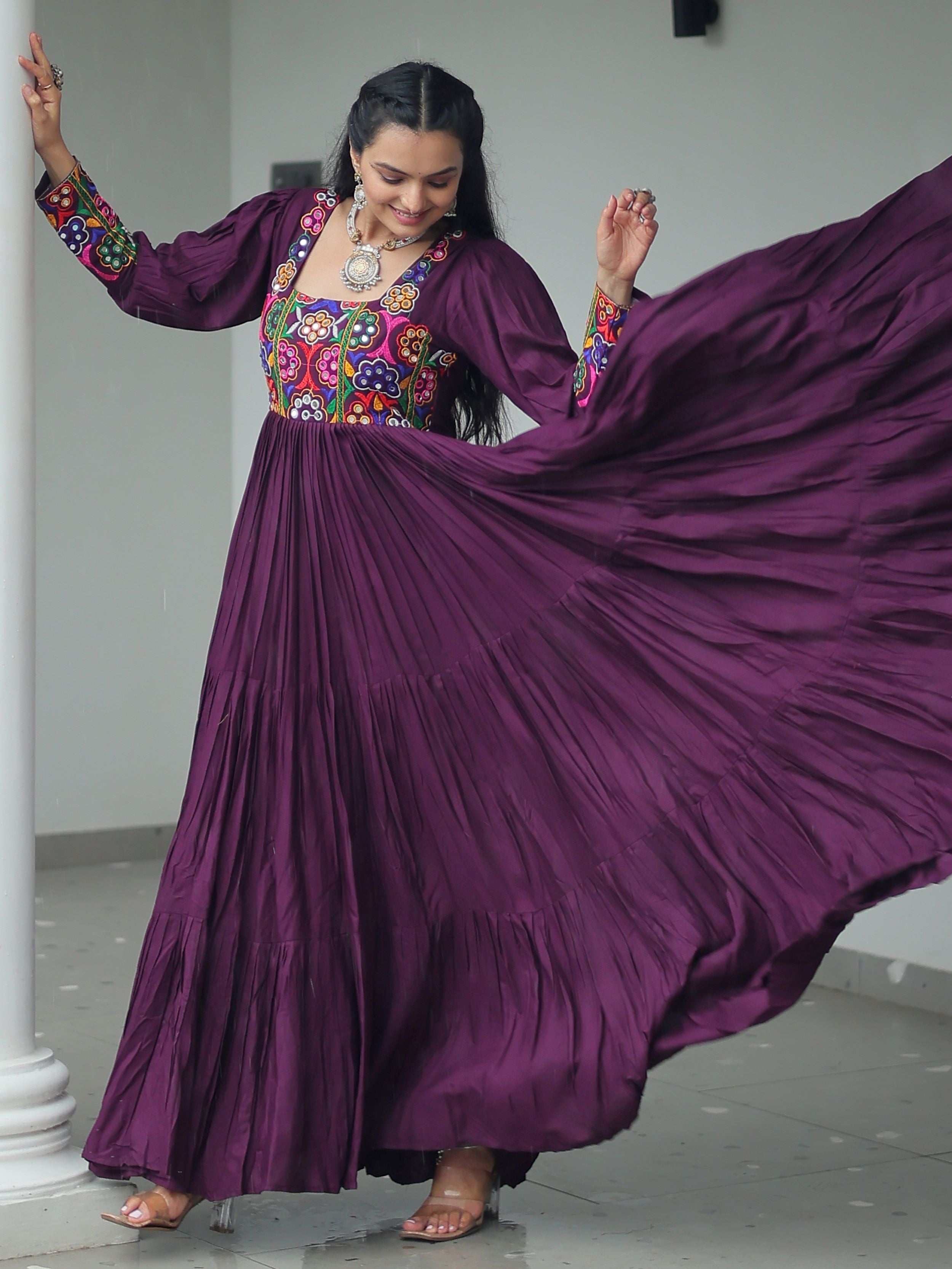 Wine Rayon Kutchi Gamthi Work Flair Navratri Wear Gown