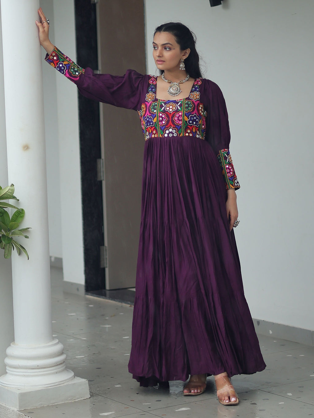 Wine Rayon Kutchi Gamthi Work Flair Navratri Wear Gown