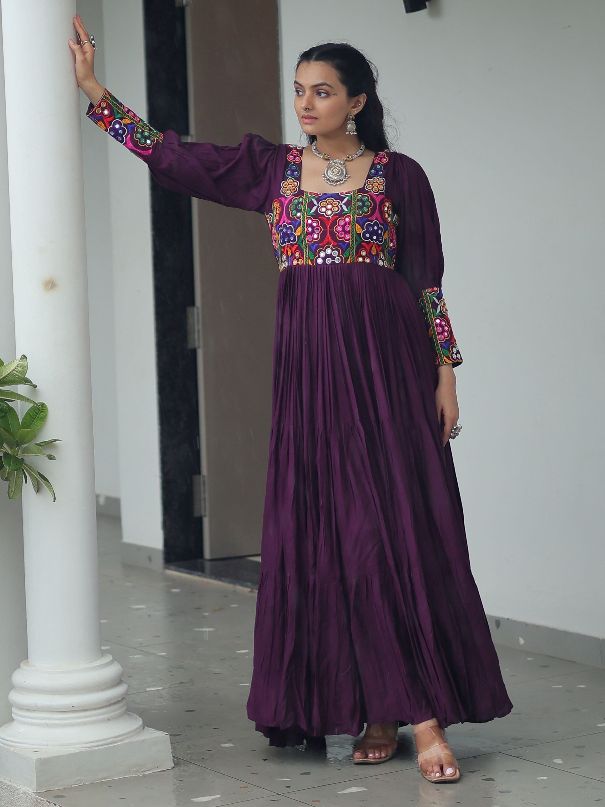 Wine Rayon Kutchi Gamthi Work Flair Navratri Wear Gown