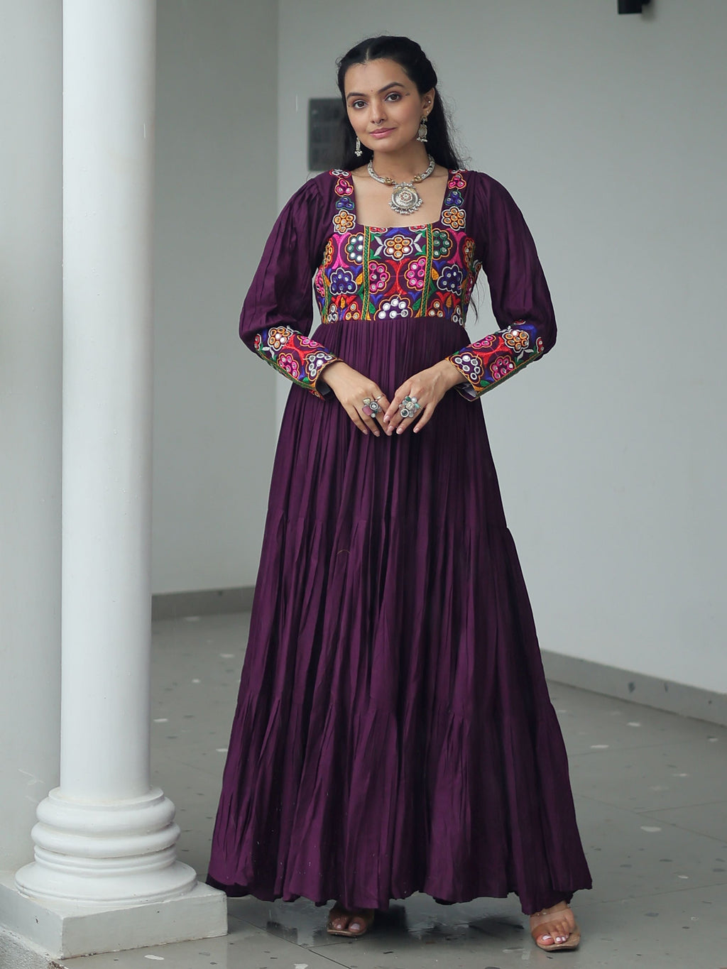 Wine Rayon Kutchi Gamthi Work Flair Navratri Wear Gown