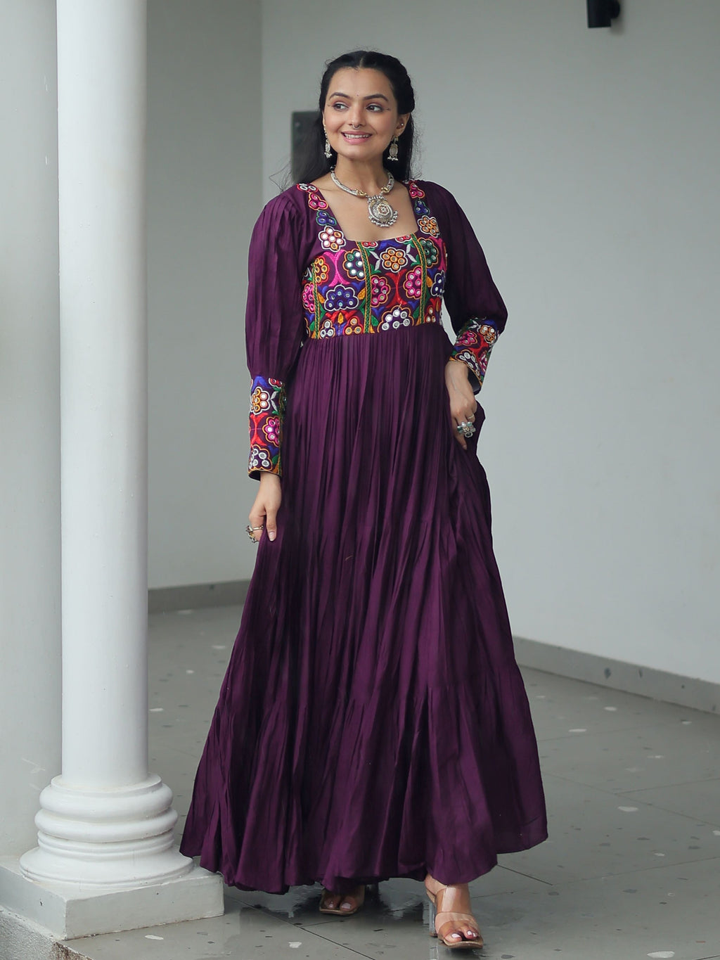 Wine Rayon Kutchi Gamthi Work Flair Navratri Wear Gown