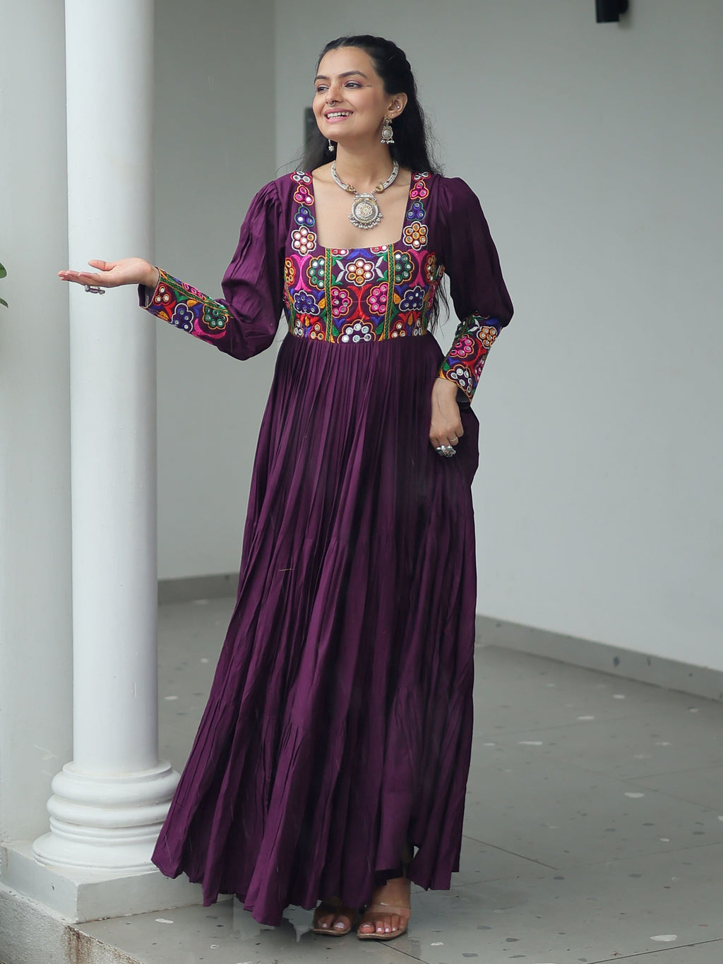 Wine Rayon Kutchi Gamthi Work Flair Navratri Wear Gown