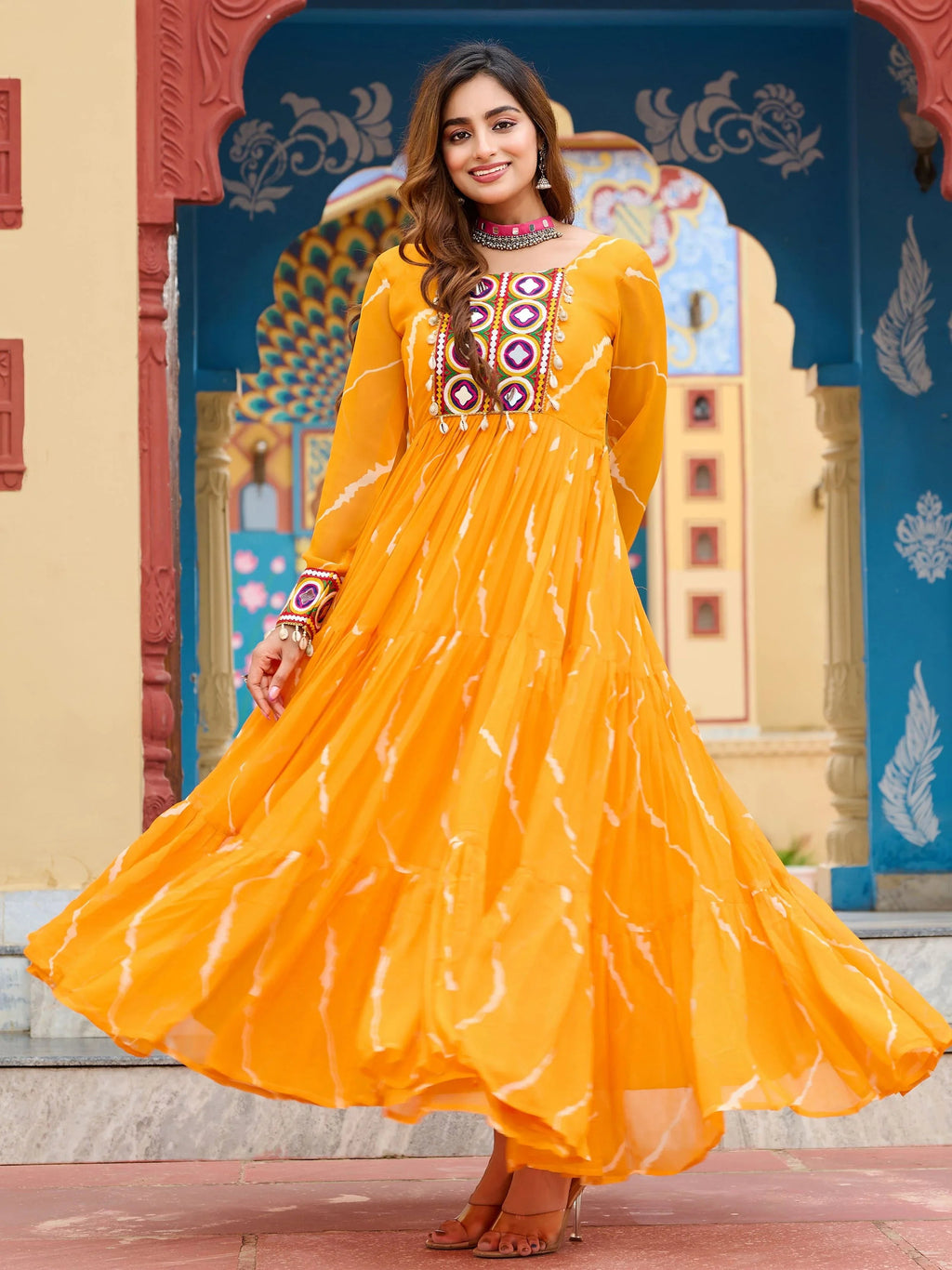 Yellow Bandhani Print Georgette Kutchi Patchwork Navratri Gown