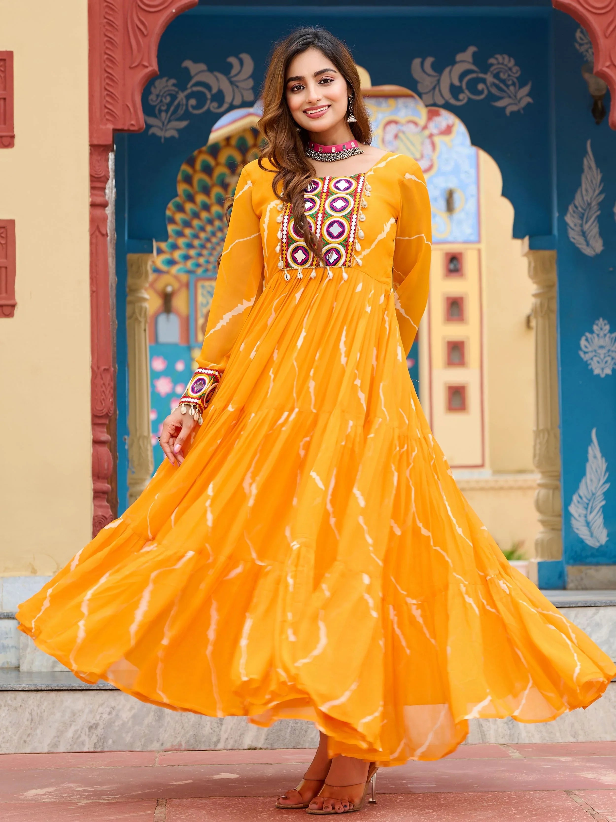 Yellow Bandhani Print Georgette Kutchi Patchwork Navratri Gown