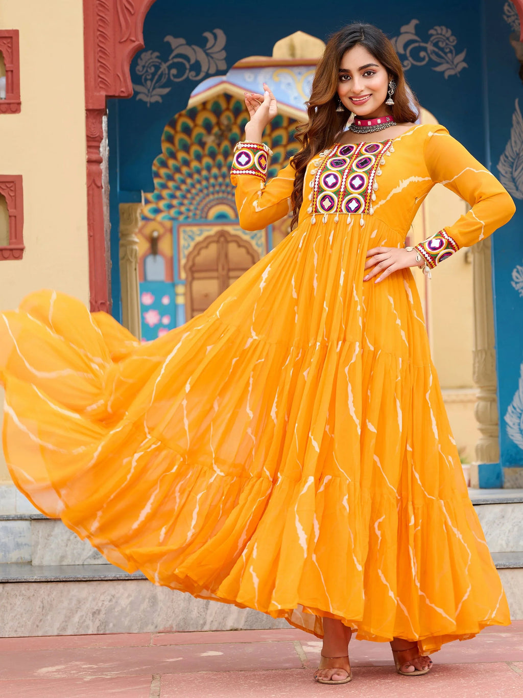 Yellow Bandhani Print Georgette Kutchi Patchwork Navratri Gown