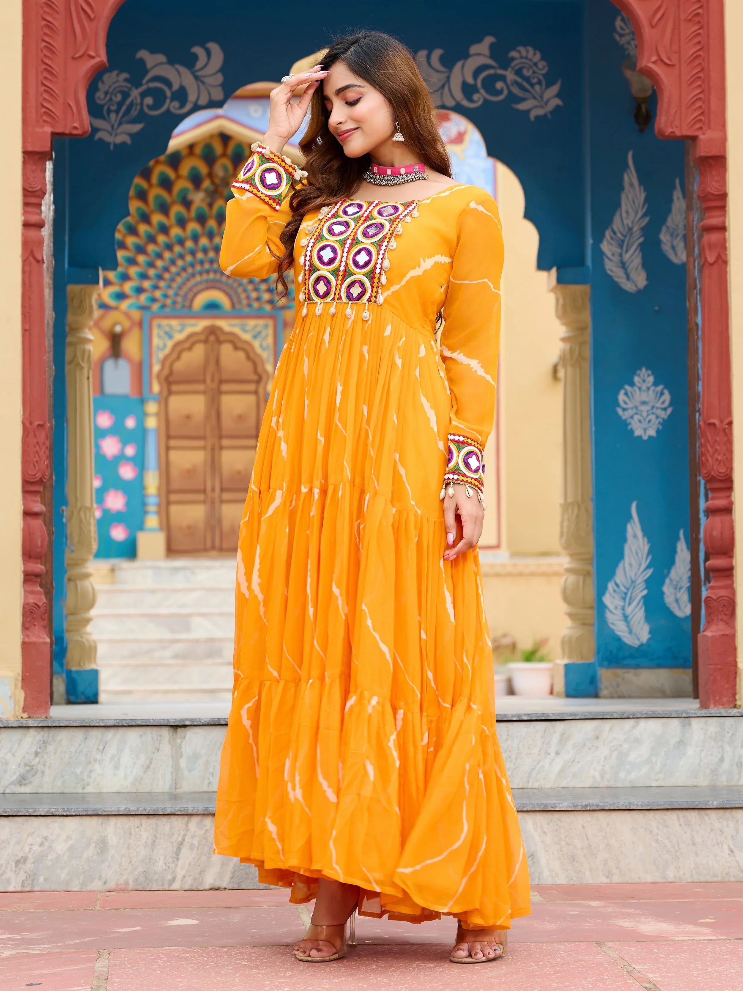 Yellow Bandhani Print Georgette Kutchi Patchwork Navratri Gown