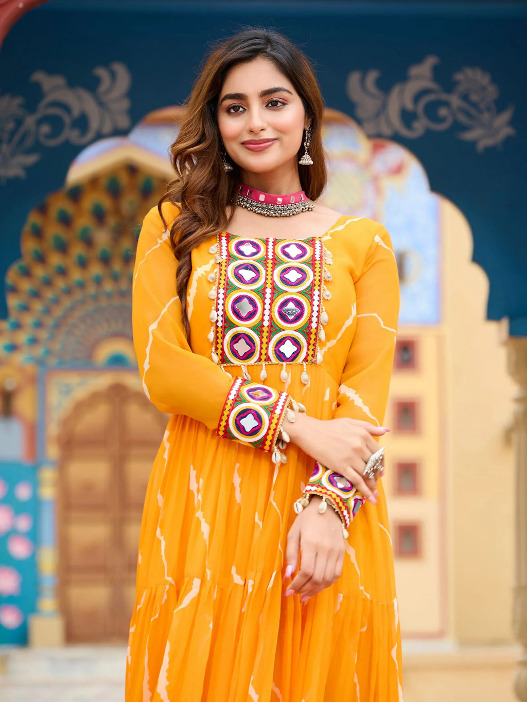 Yellow Bandhani Print Georgette Kutchi Patchwork Navratri Gown