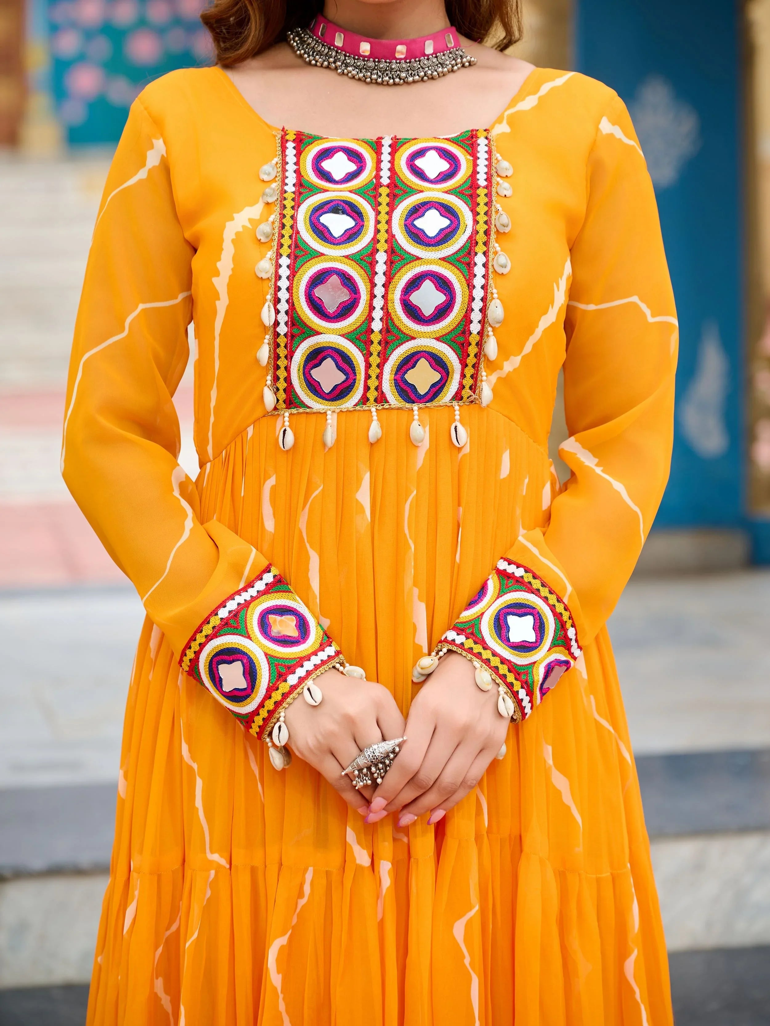 Yellow Bandhani Print Georgette Kutchi Patchwork Navratri Gown