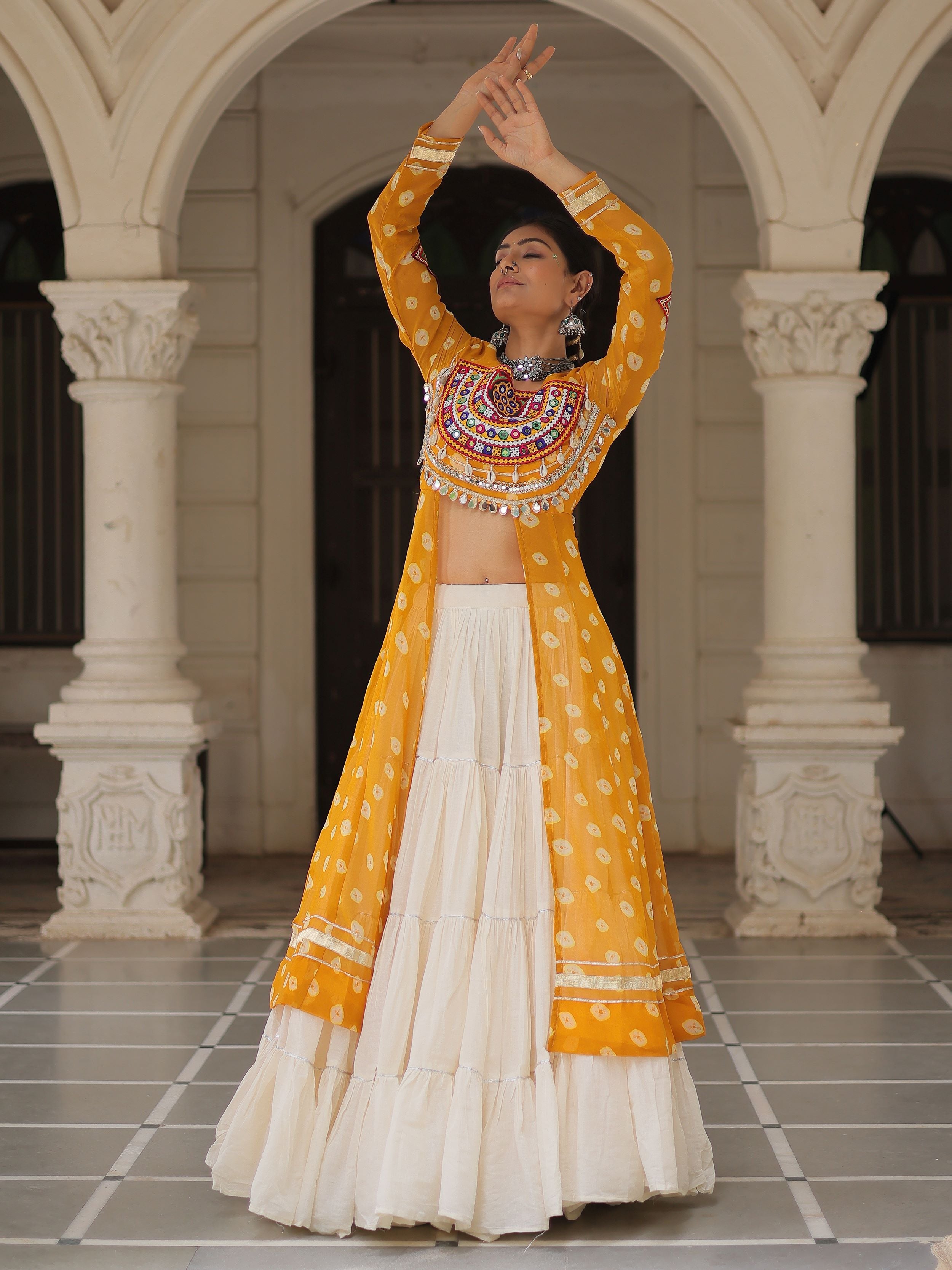 Yellow Bandhani Print Kurti with Kutchi Patchwork Kora Cotton Lehenga