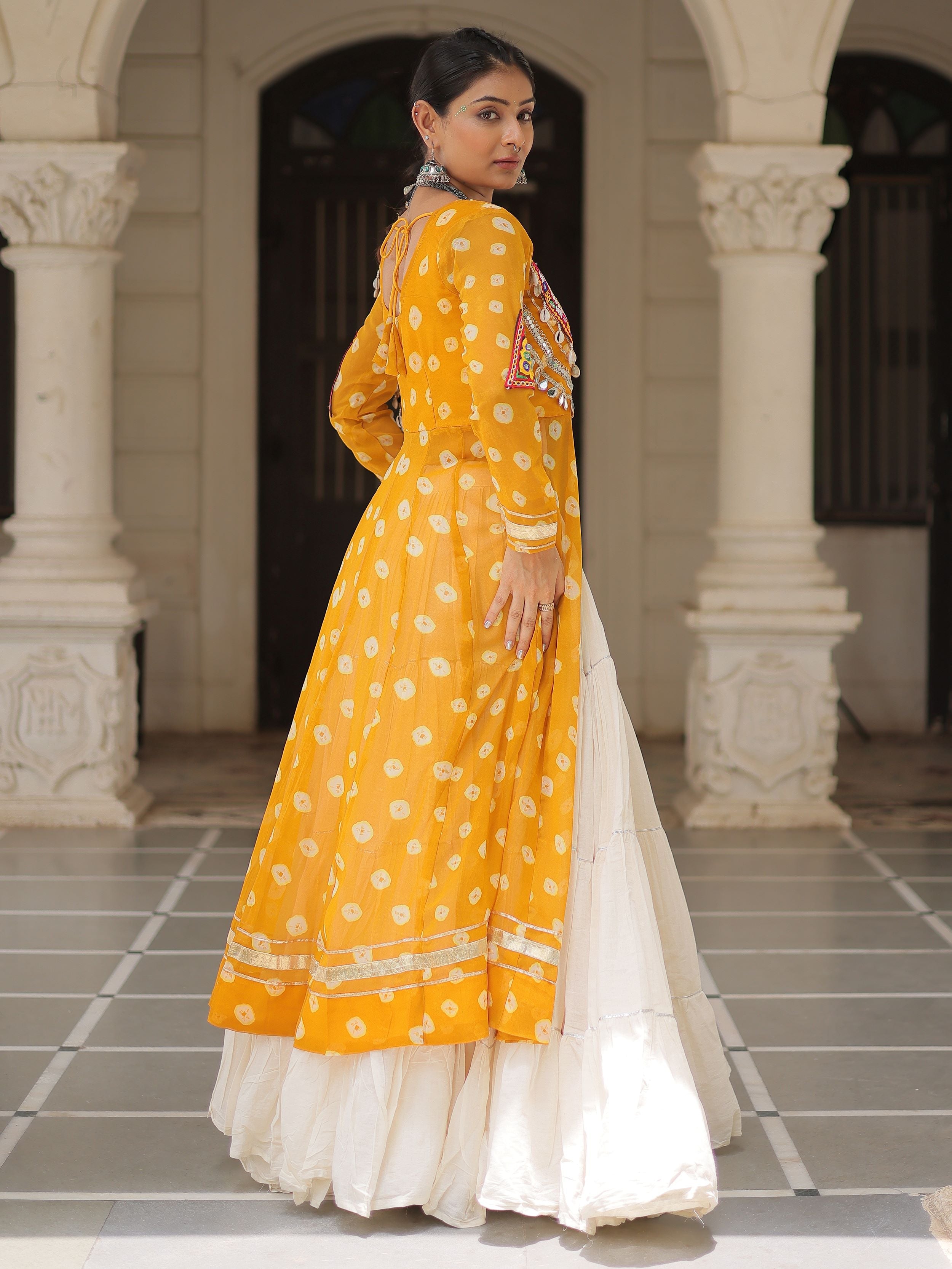 Yellow bandhani print kurti with kutchi patchwork kora cotton lehenga