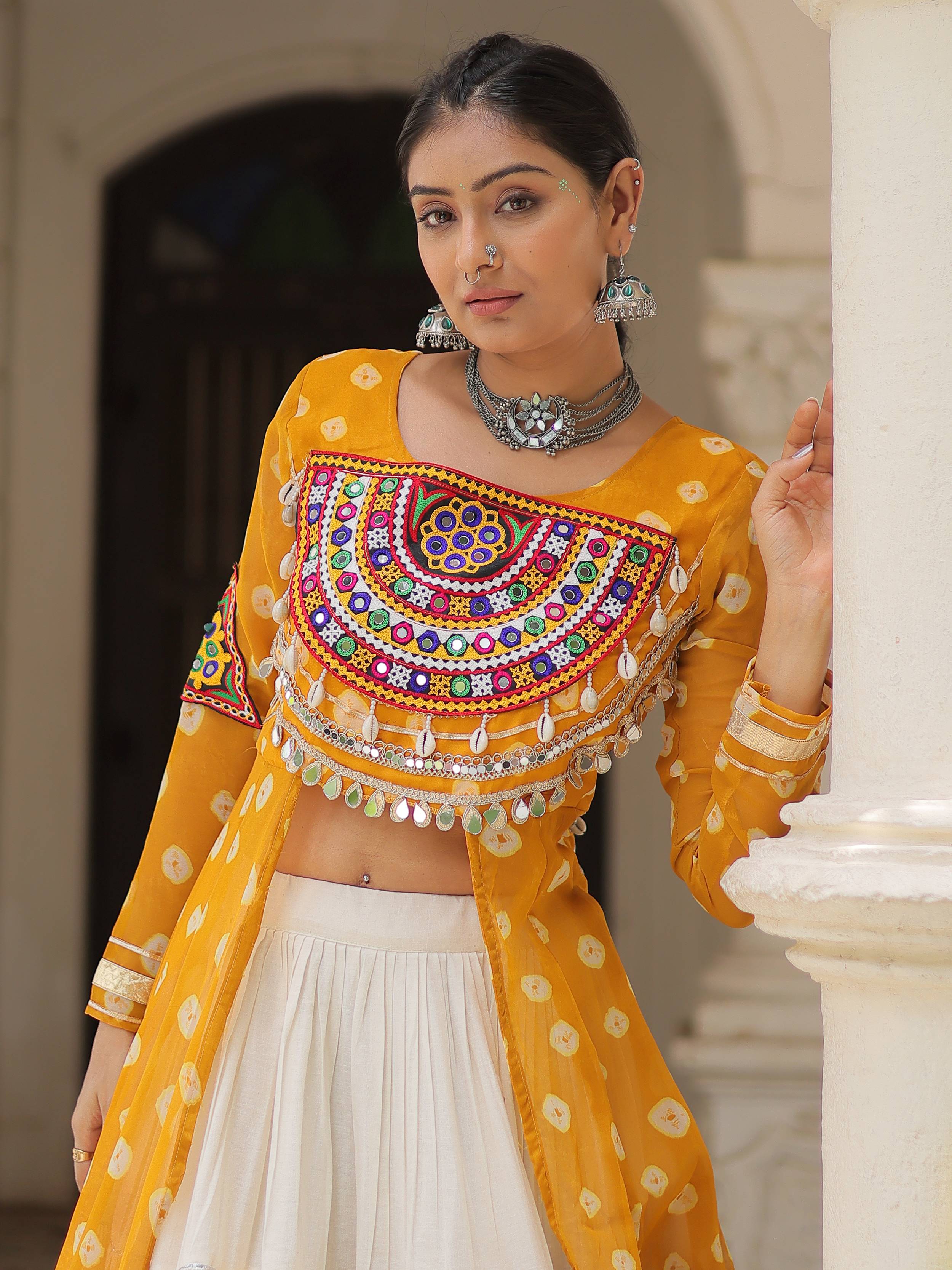 Yellow bandhani print kurti with kutchi patchwork kora cotton lehenga