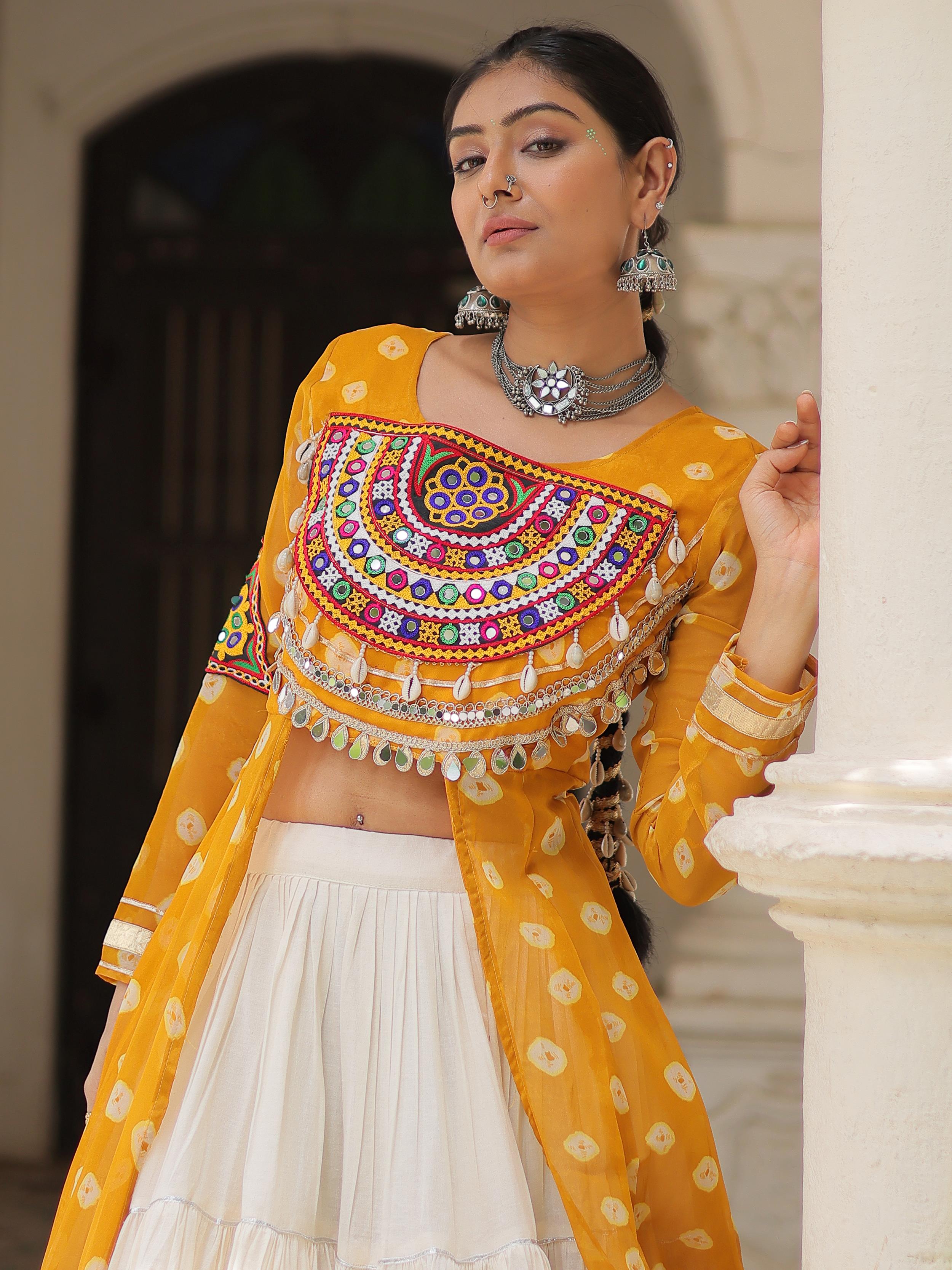 Yellow bandhani print kurti with kutchi patchwork kora cotton lehenga