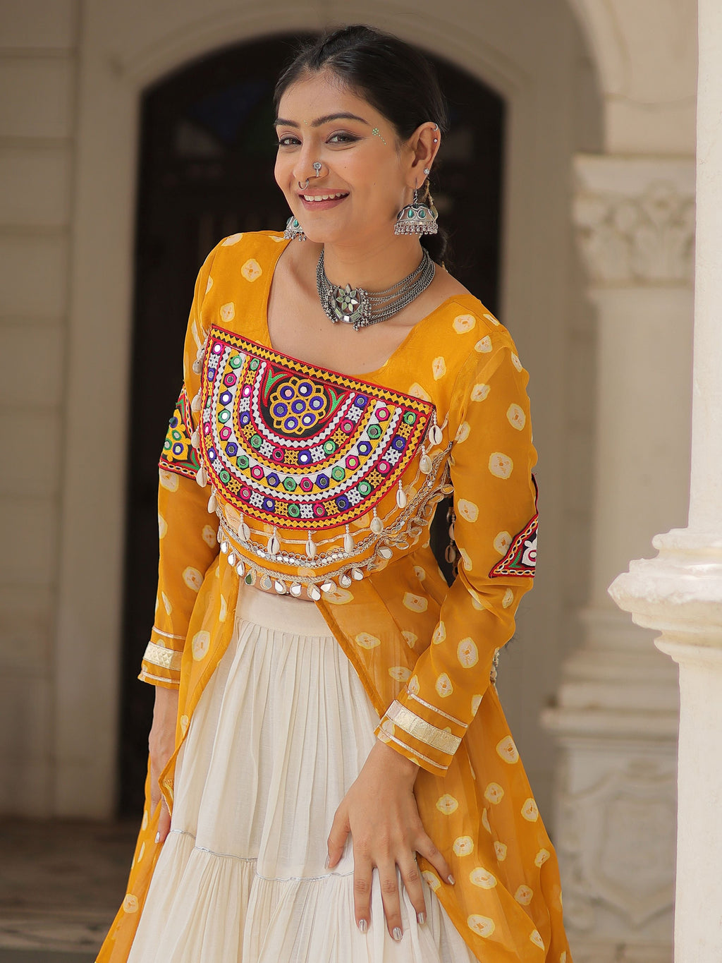 Yellow bandhani print kurti with kutchi patchwork kora cotton lehenga