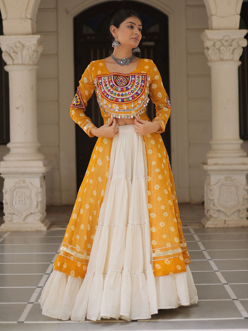 Yellow bandhani print kurti with kutchi patchwork kora cotton lehenga
