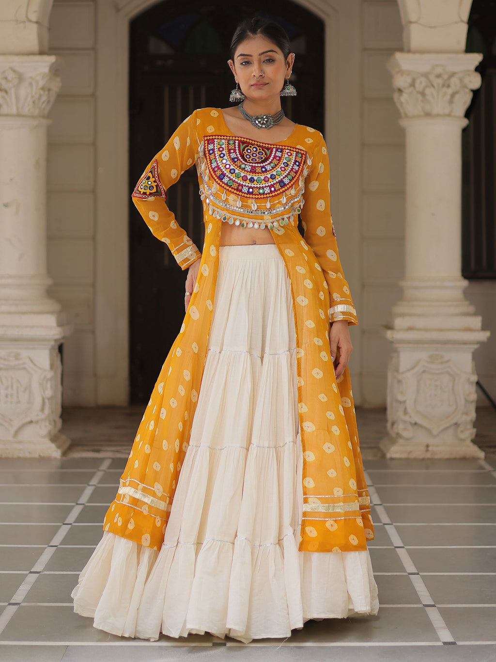 Yellow bandhani print kurti with kutchi patchwork kora cotton lehenga