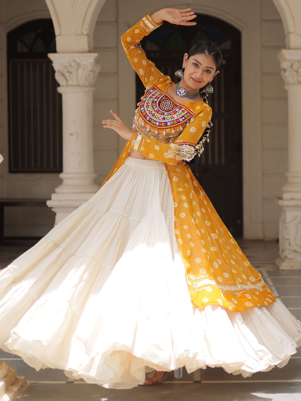 Yellow bandhani print kurti with kutchi patchwork kora cotton lehenga